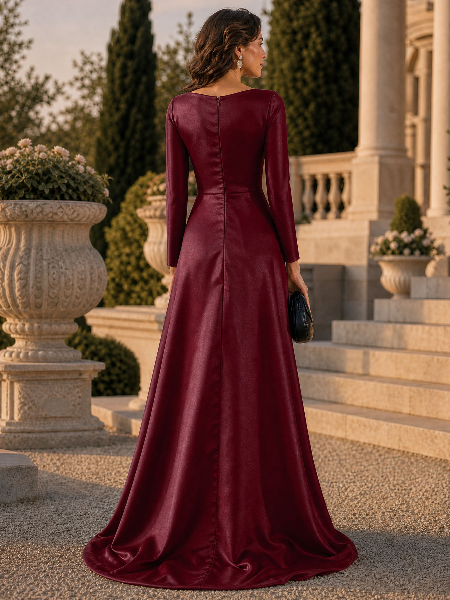 Evening Formal Burgundy Dress Asymmetrical Neck Long Sleeve Maxi Gown