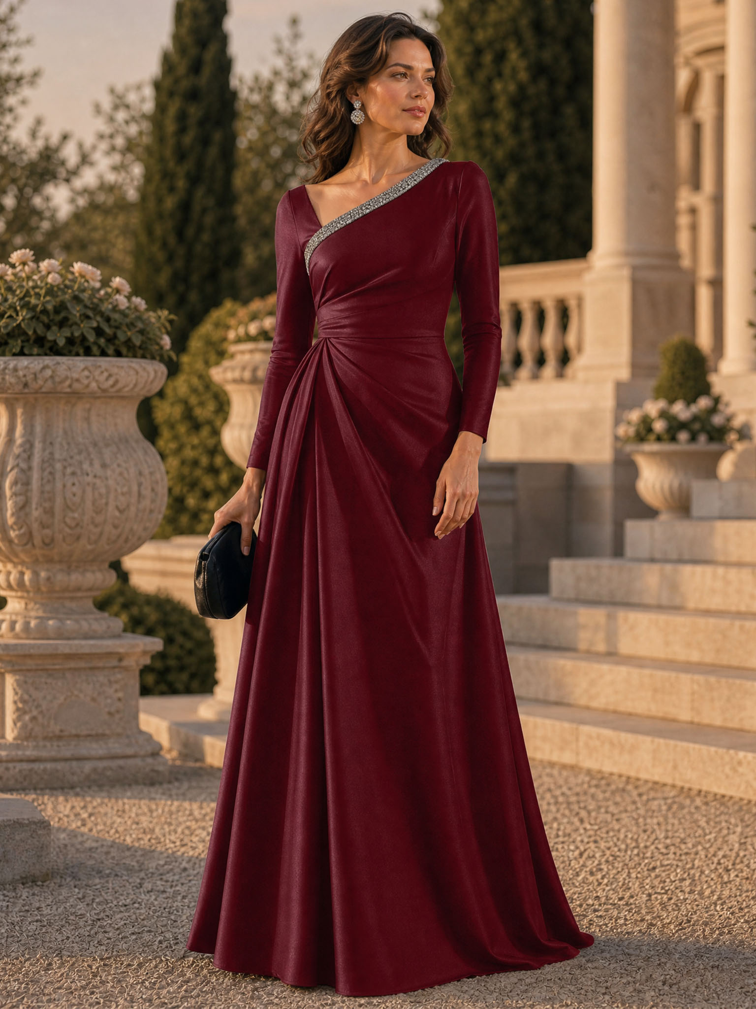 Evening Formal Burgundy Dress Asymmetrical Neck Long Sleeve Maxi Gown