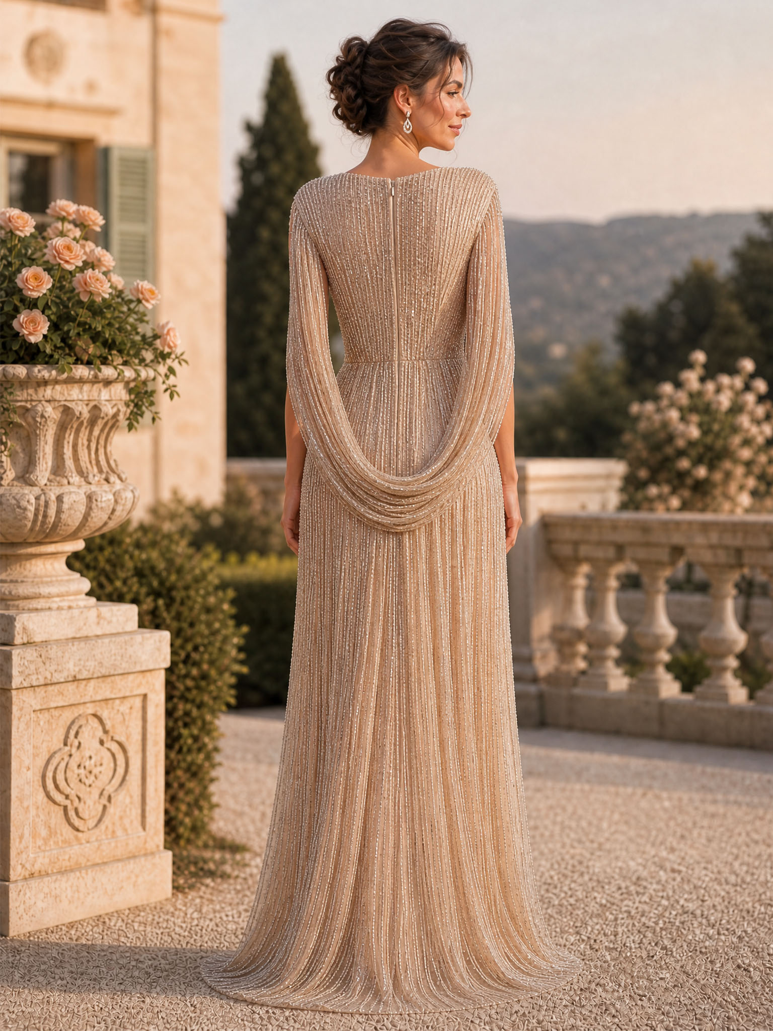 Formal Evening Gold Gown V-Neck Drop Maxi Dress
