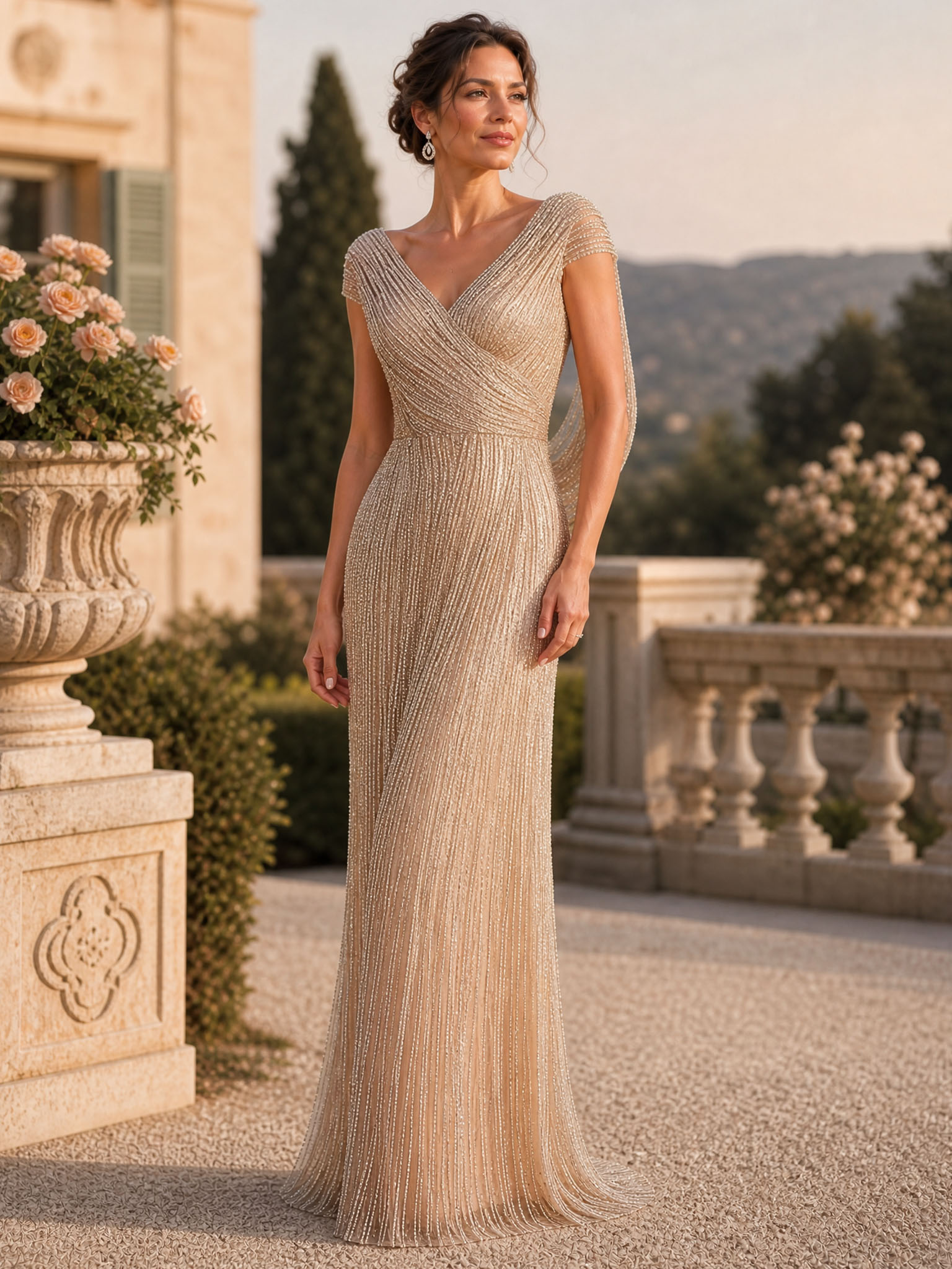 Formal Evening Gold Gown V-Neck Drop Maxi Dress