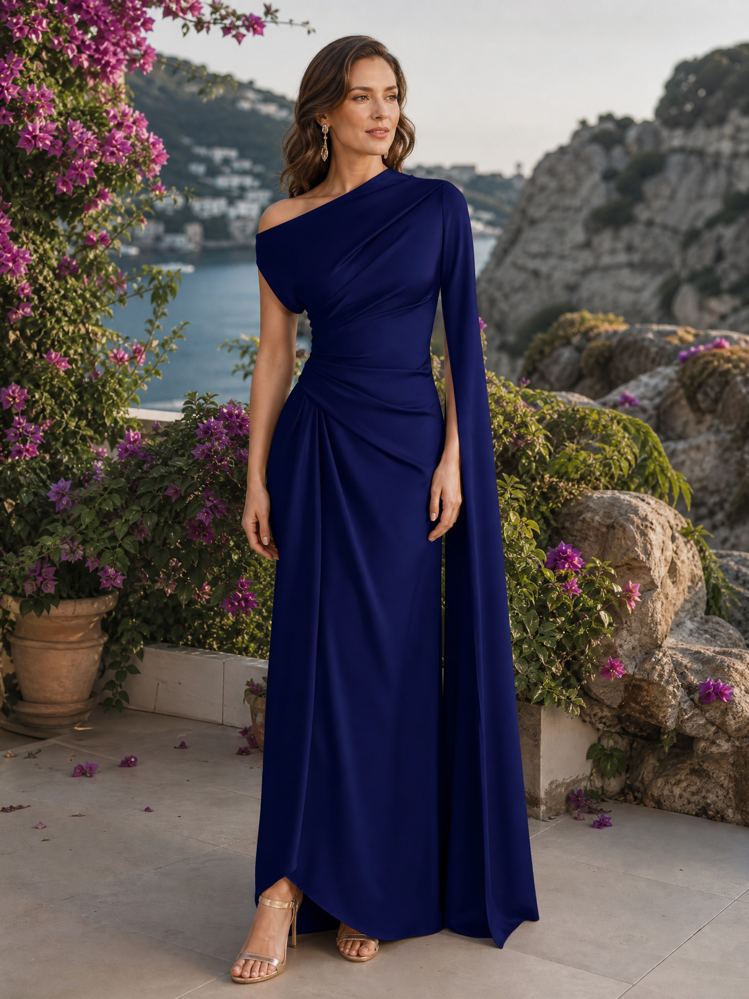 Satin Asymmetrical Neckline Draped Maxi Dress