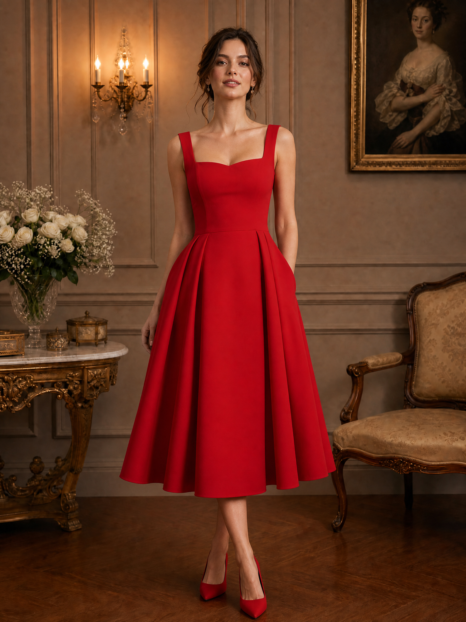 Red Pocket Stitching Classic Sweetheart Neckline Sleeveless A-Line Midi Dress