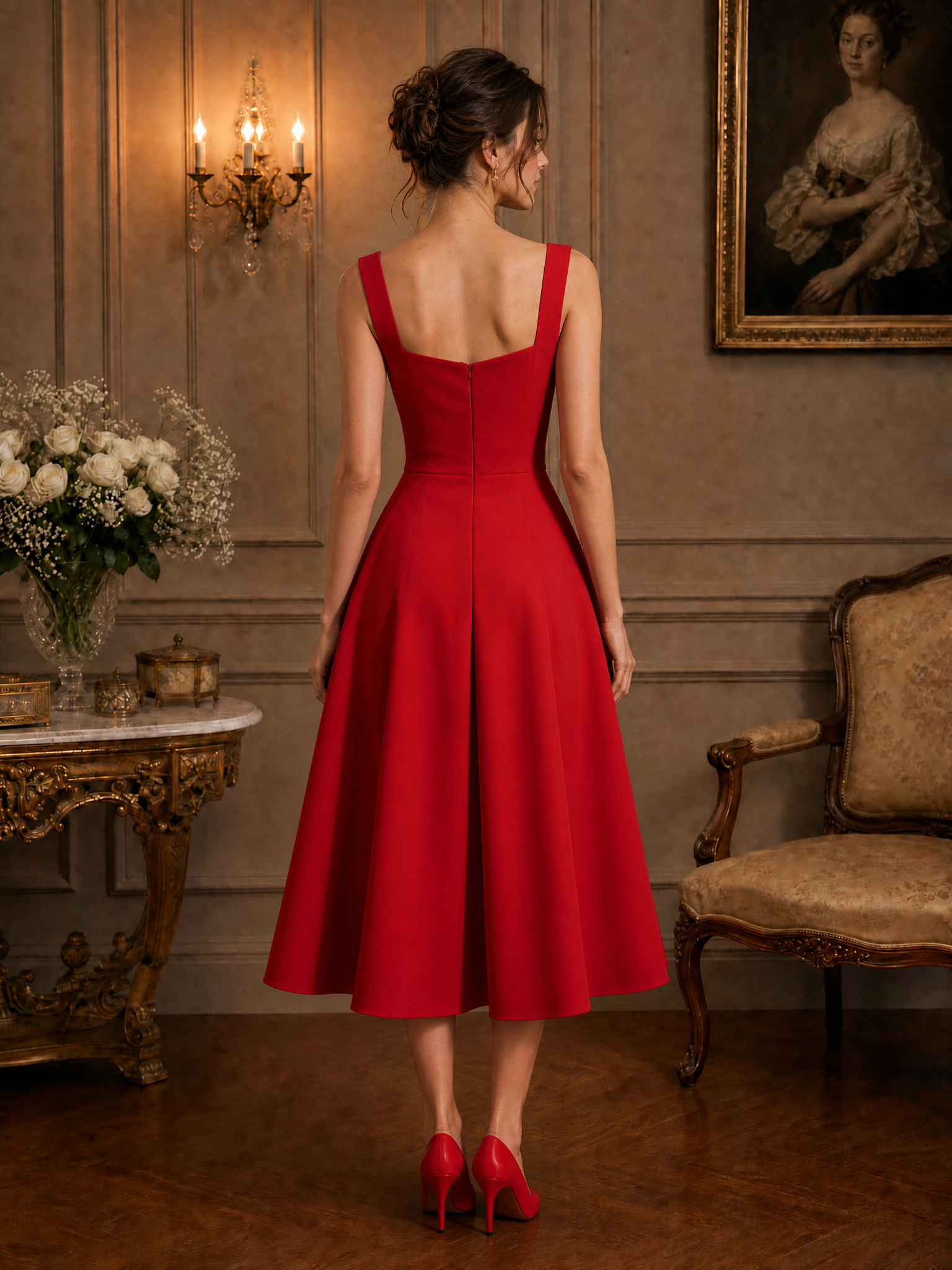Red Pocket Stitching Classic Sweetheart Neckline Sleeveless A-Line Midi Dress