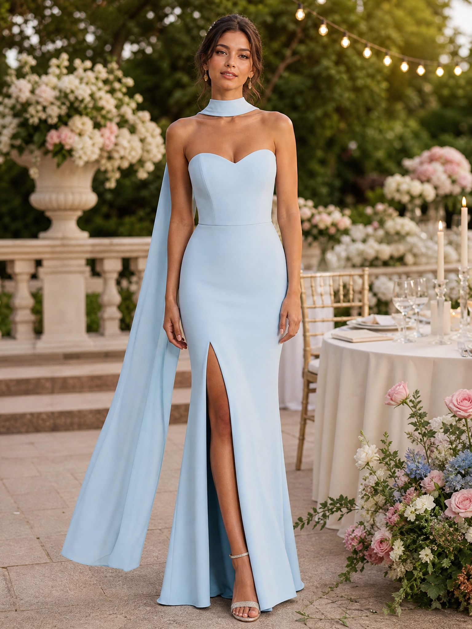 Sky Blue Evening Formal Dress Strapless Slit Maxi Dress with Scarf