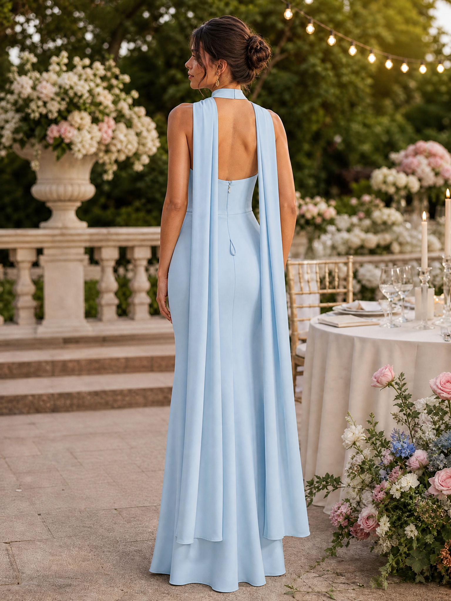 Sky Blue Evening Formal Dress Strapless Slit Maxi Dress with Scarf