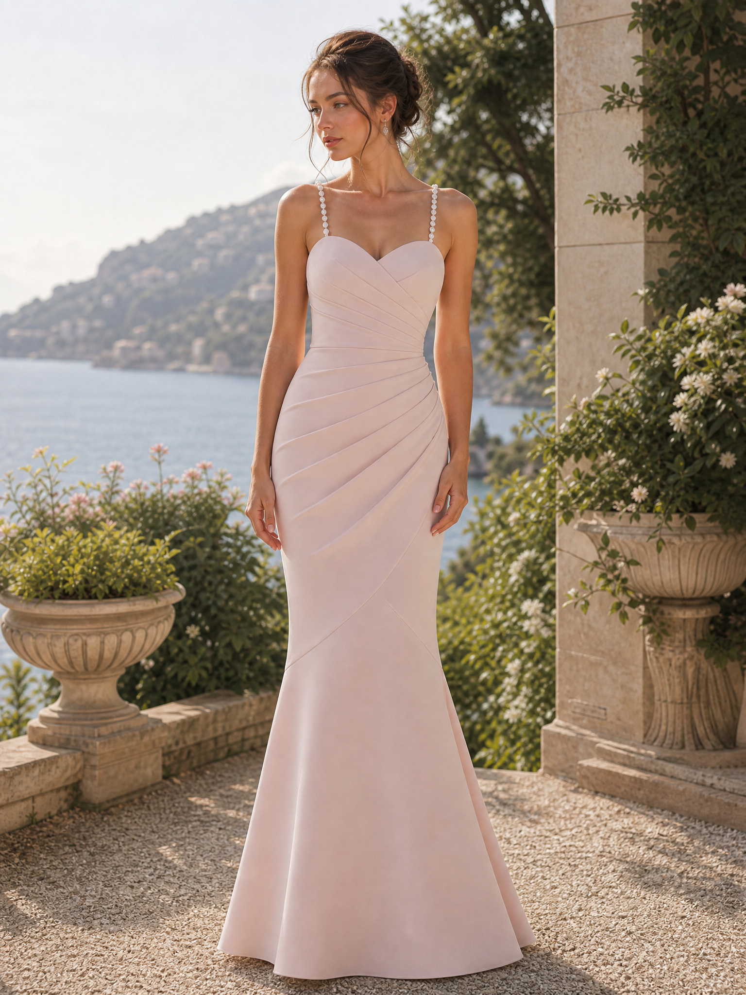 Blush Sweetheart Pearl‑Strap Side‑Draped Mermaid Floor‑Length Evening Gown