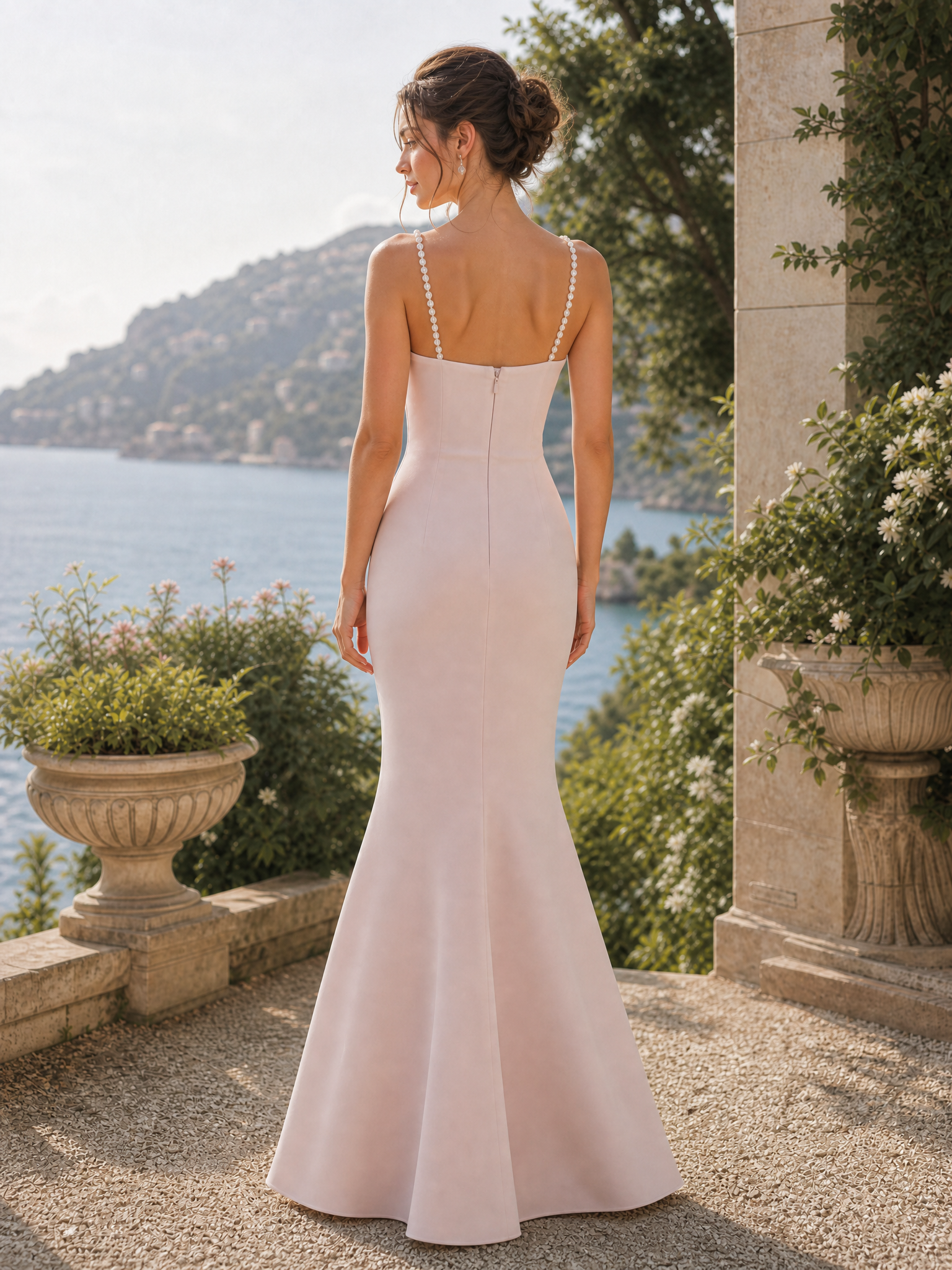 Blush Sweetheart Pearl‑Strap Side‑Draped Mermaid Floor‑Length Evening Gown