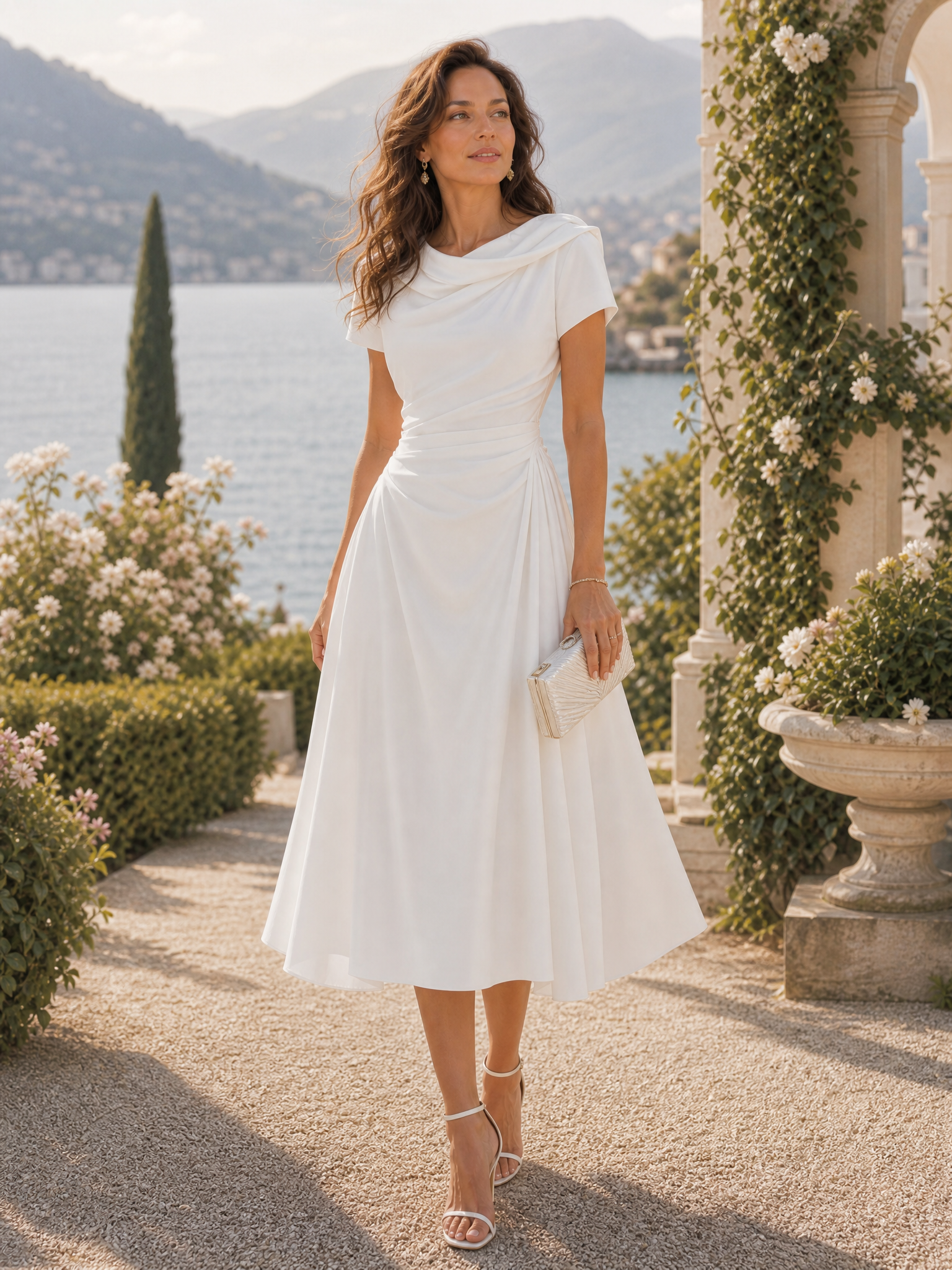 White Draped Asymmetric Midi Dress