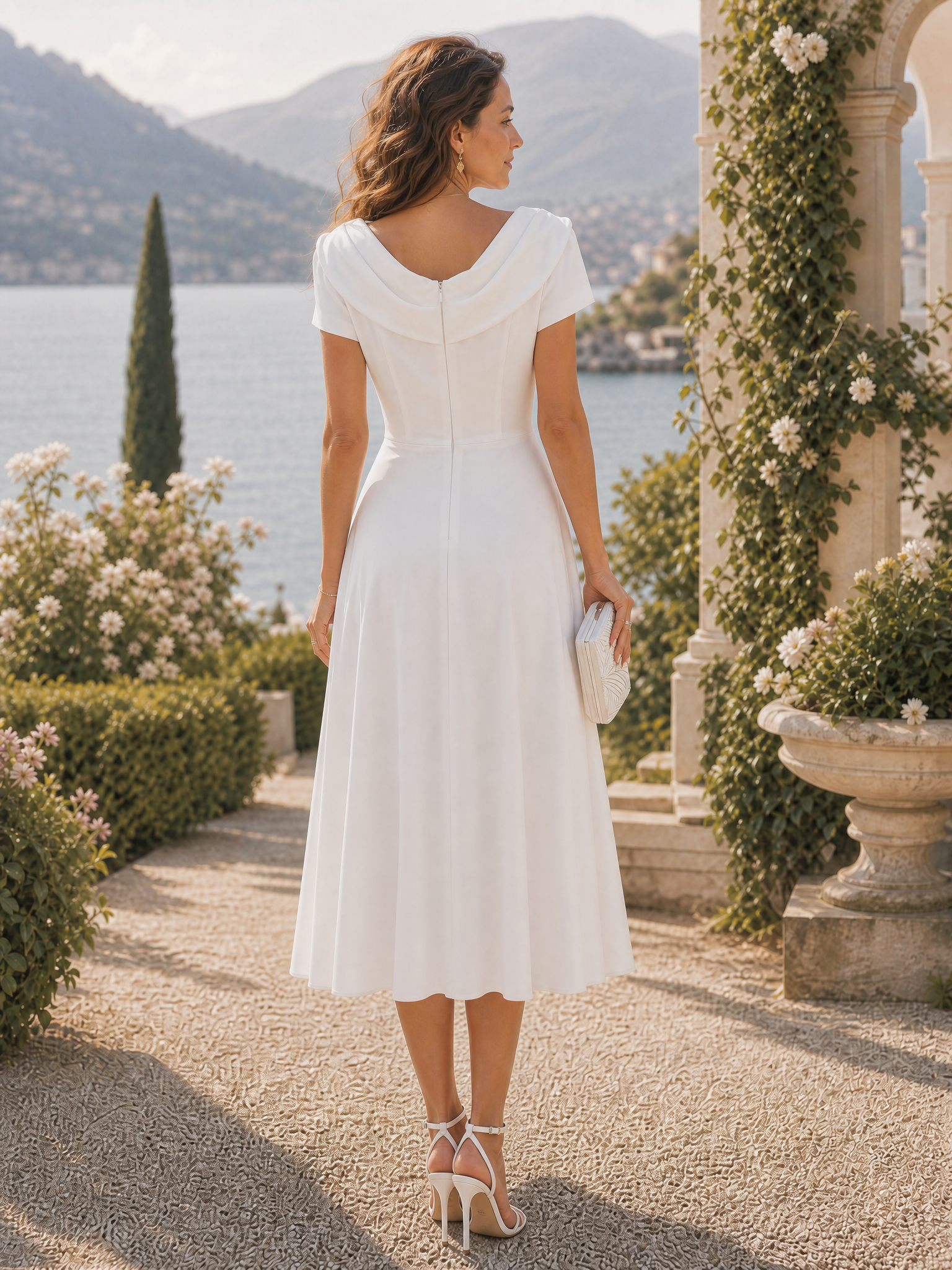 White Draped Asymmetric Midi Dress