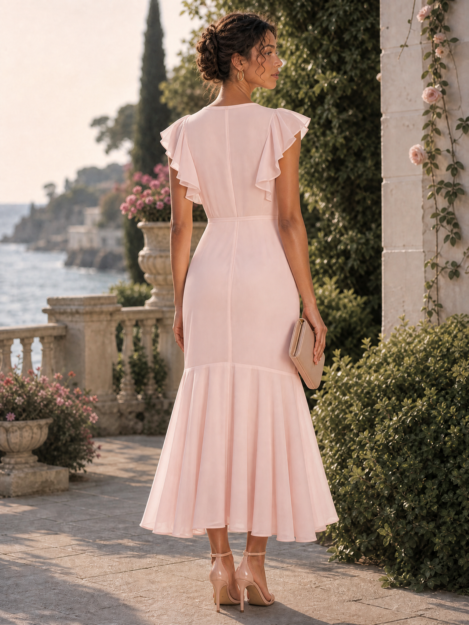 Pink Shirred Ruched Chiffon Lotus Leaf Collar Cap Sleeve Ruffle Sleeve Mermaid Midi Dress
