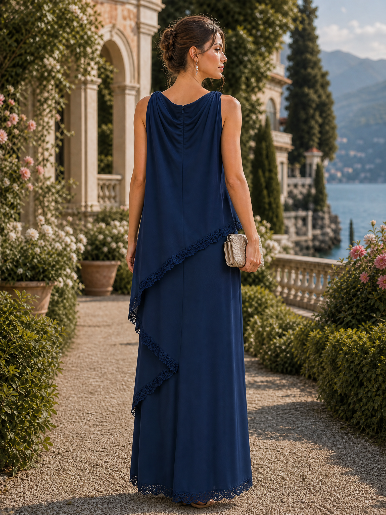 Two-piece Set Acetate Satin Lace-Trim Blouse And Maxi Skirt