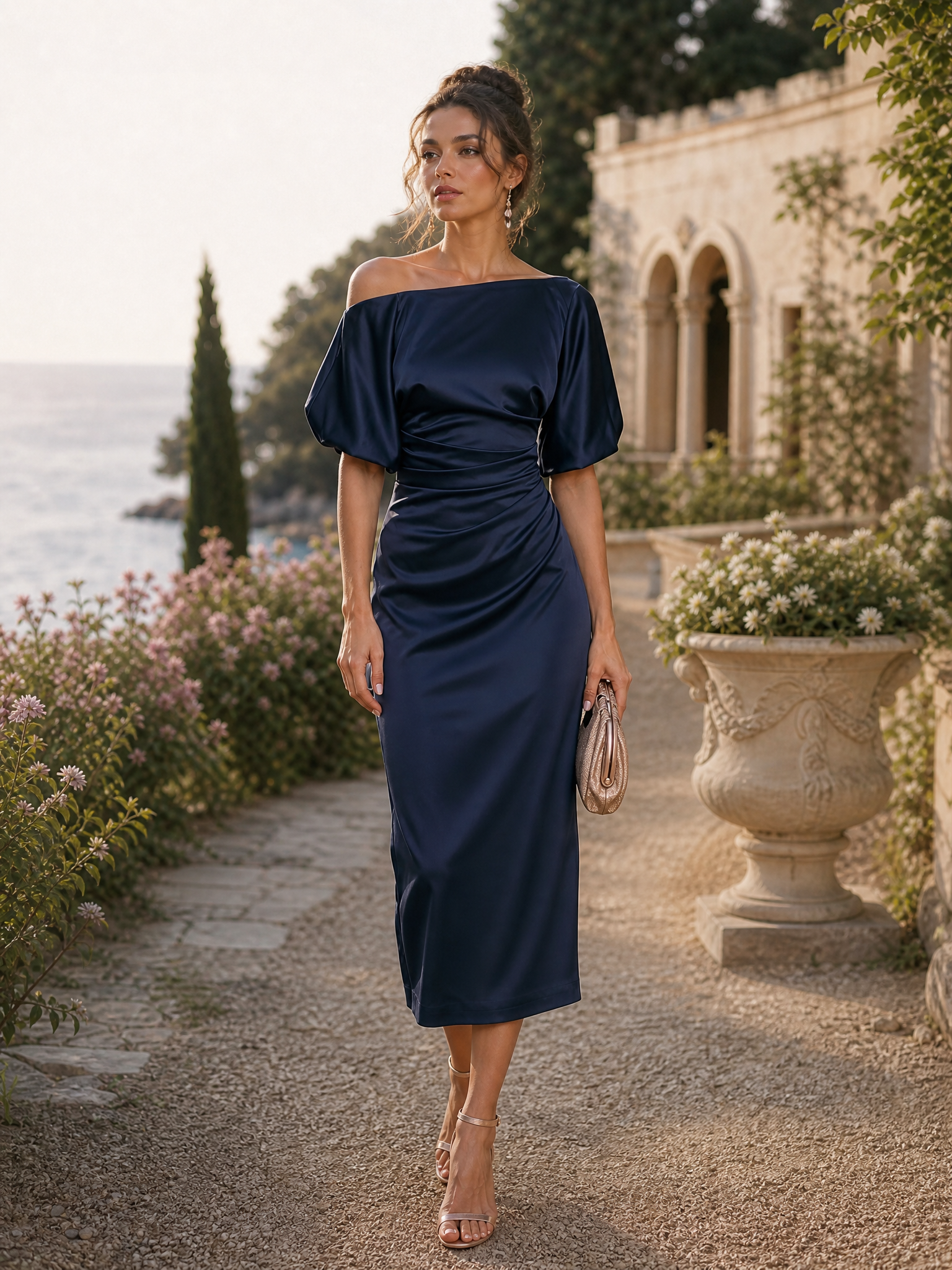 Off-Shoulder Midi Ruched Dress