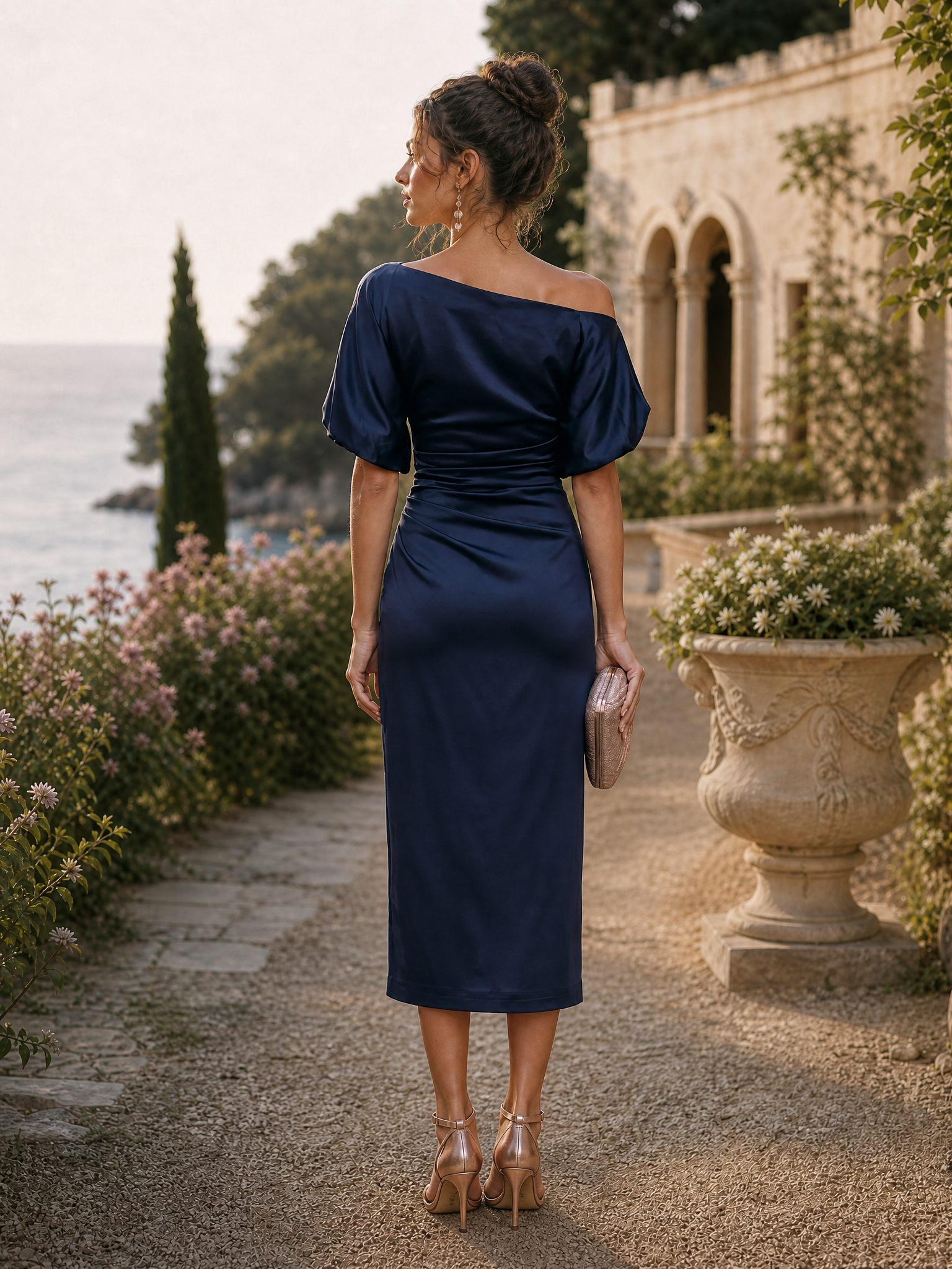 Off-Shoulder Midi Ruched Dress