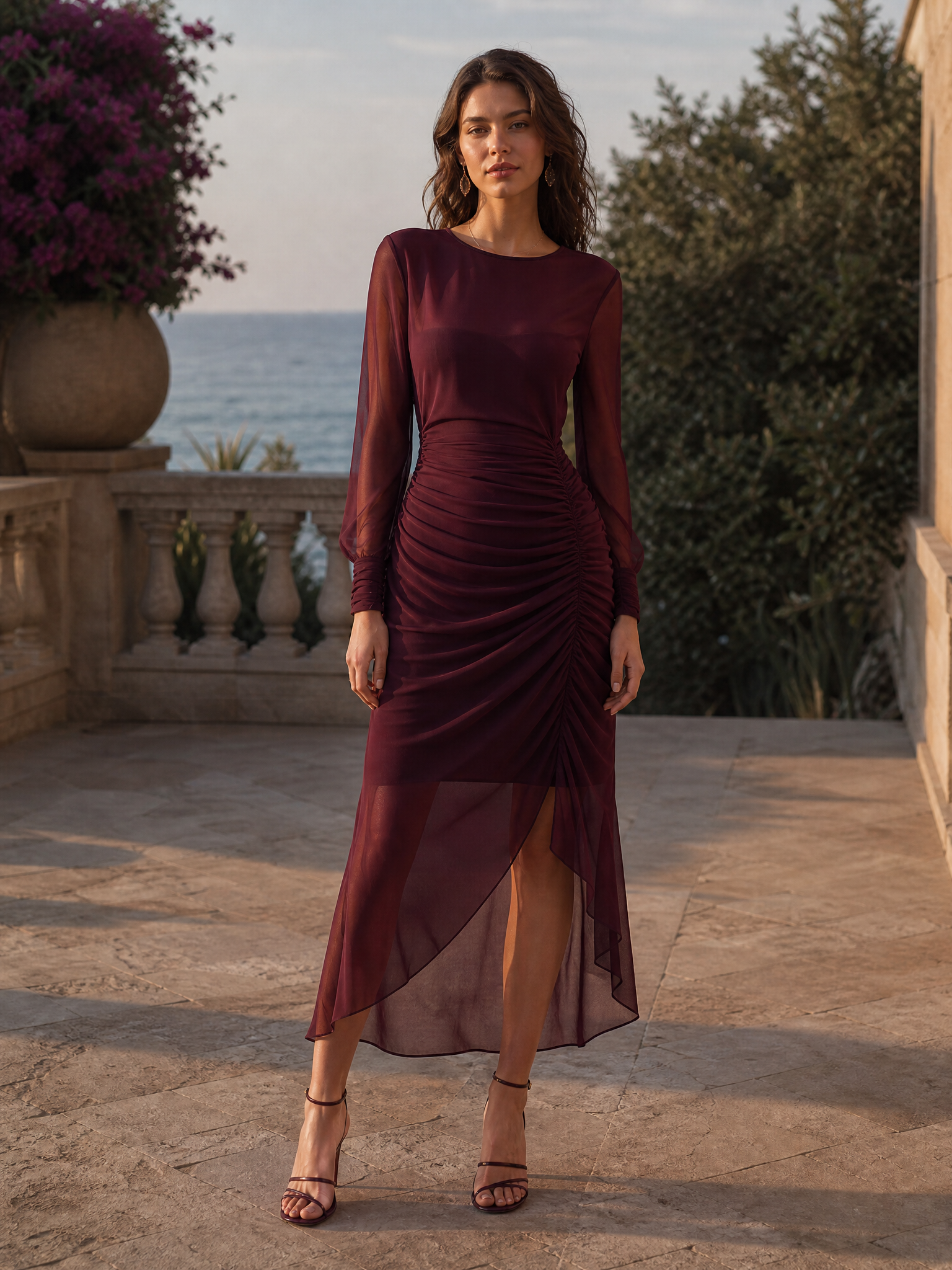 Ruched Sheer Long Sleeve Asymmetric Midi Dress