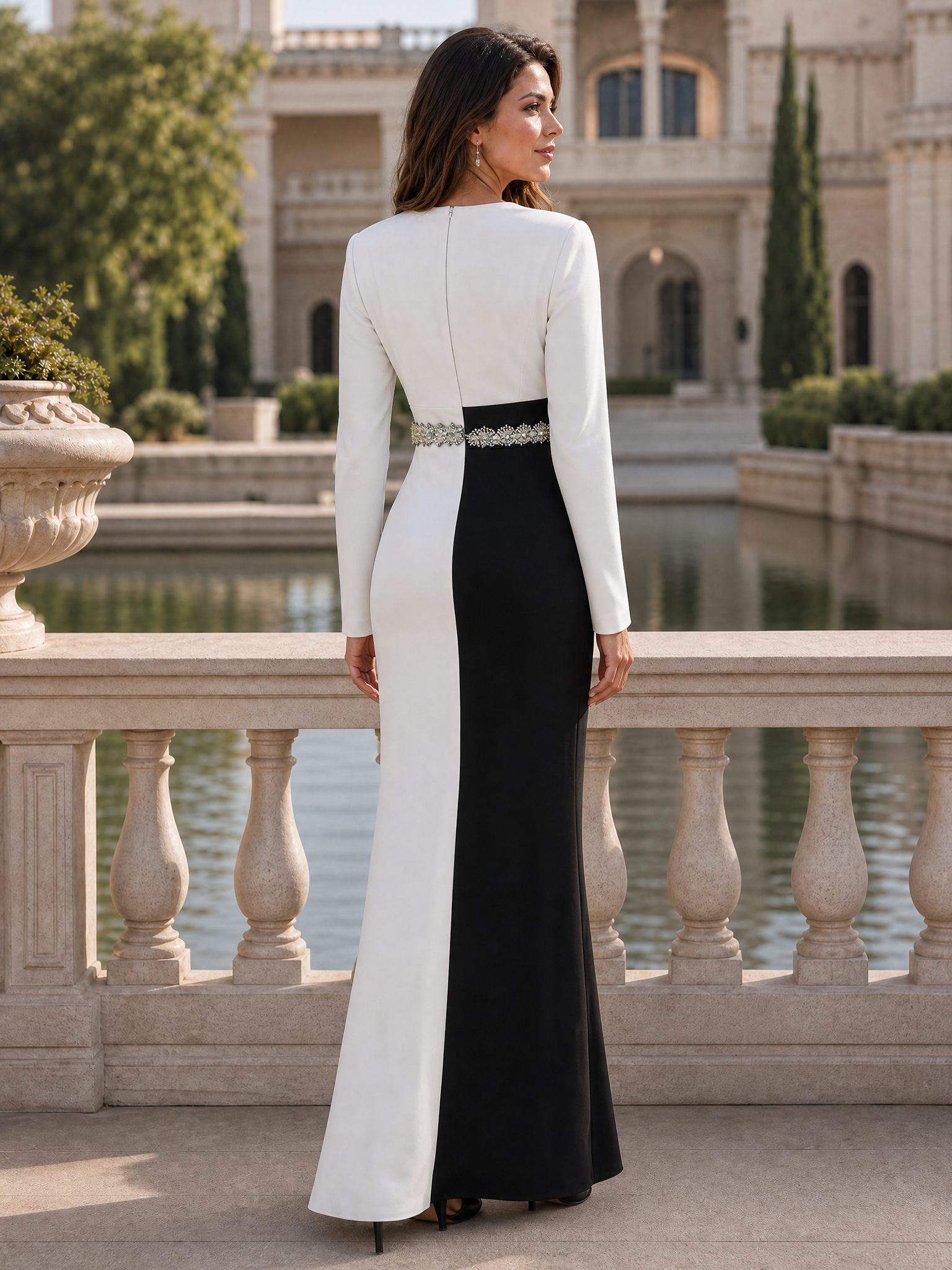 Elegant Maxi Dress Long Sleeves V-Neckline Colorblock Rhinestone Dress