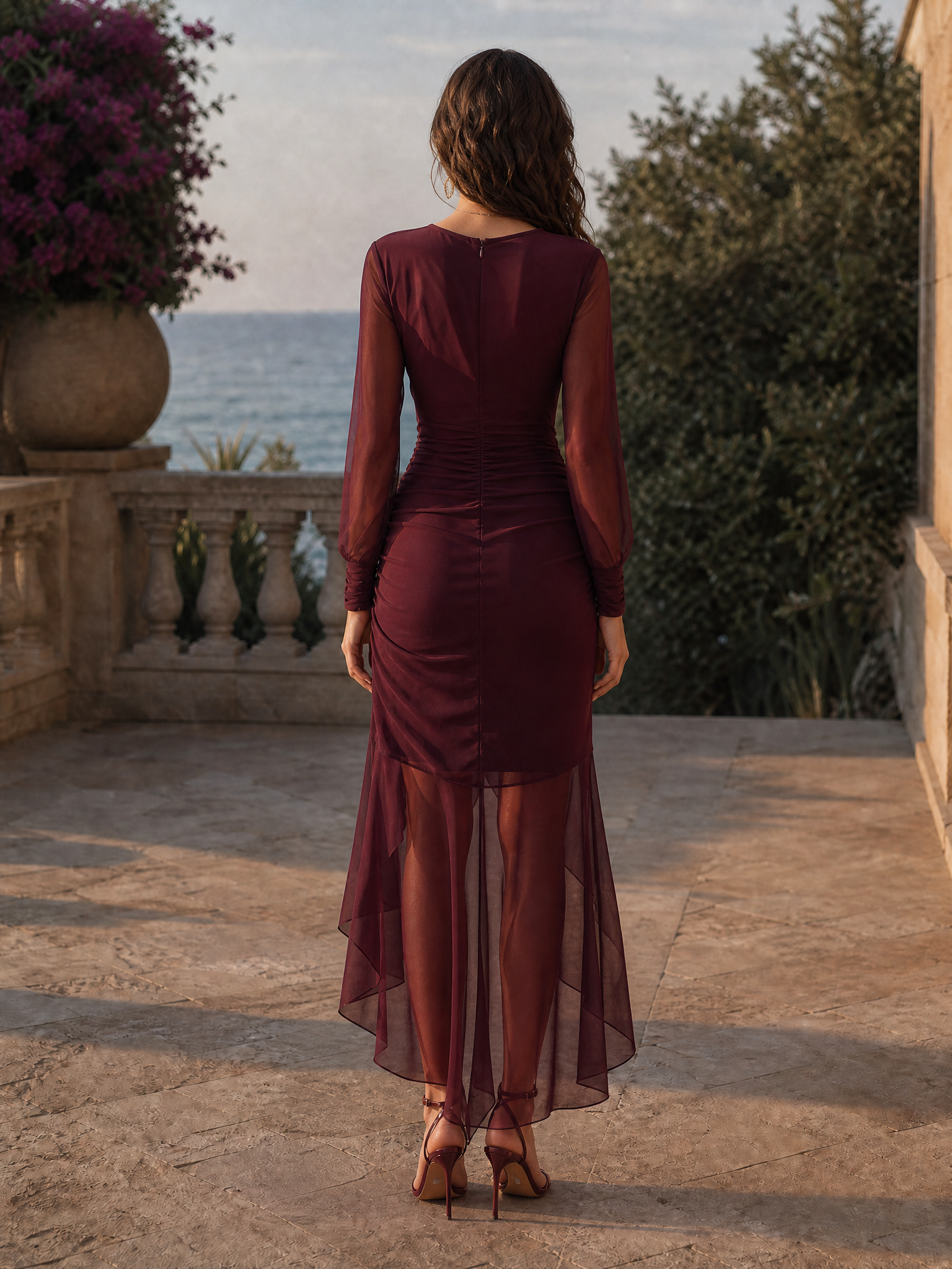Ruched Sheer Long Sleeve Asymmetric Midi Dress