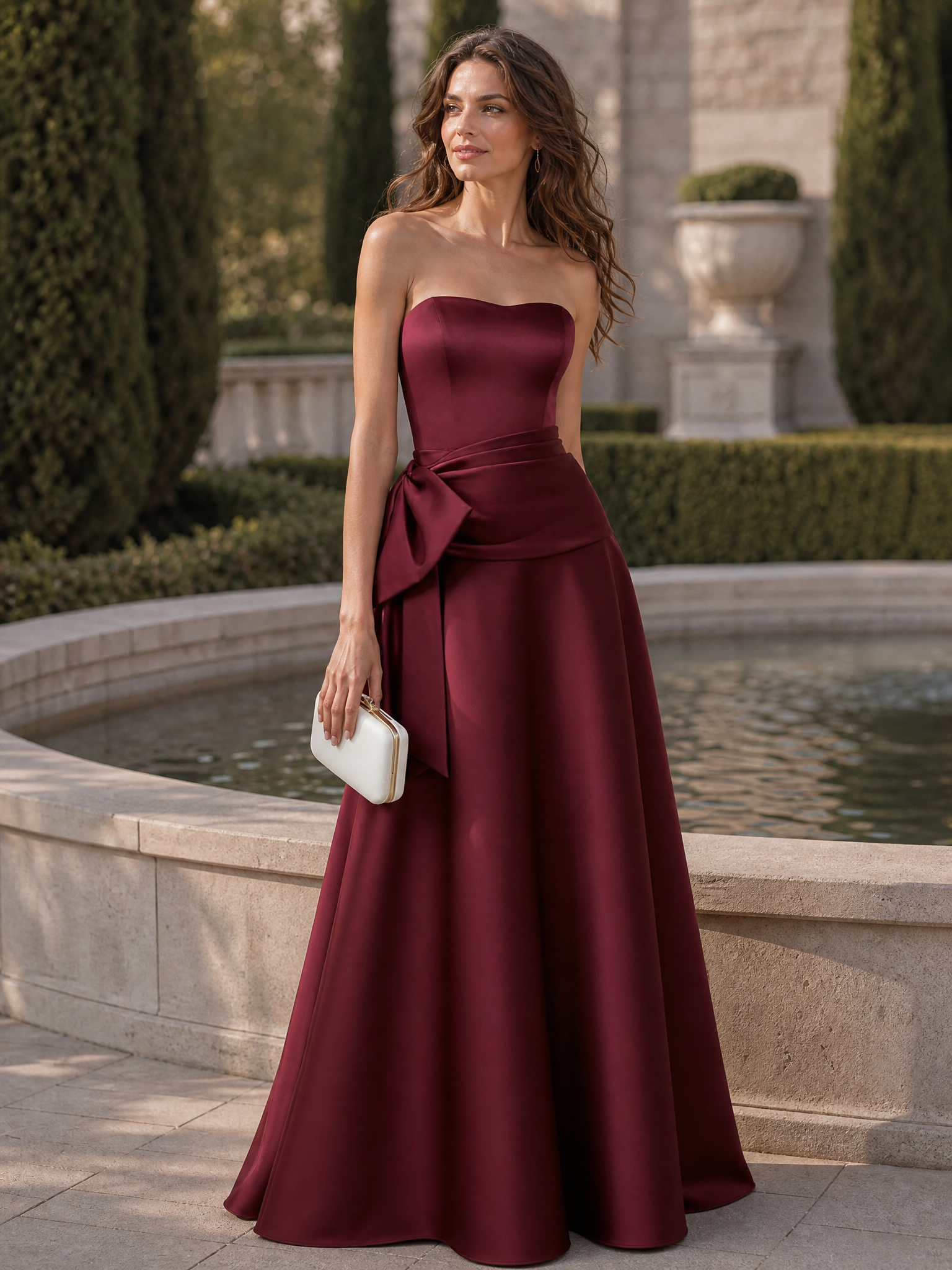 Burgundy Bow Satin Strapless Sleeveless A-Line Gown Dress
