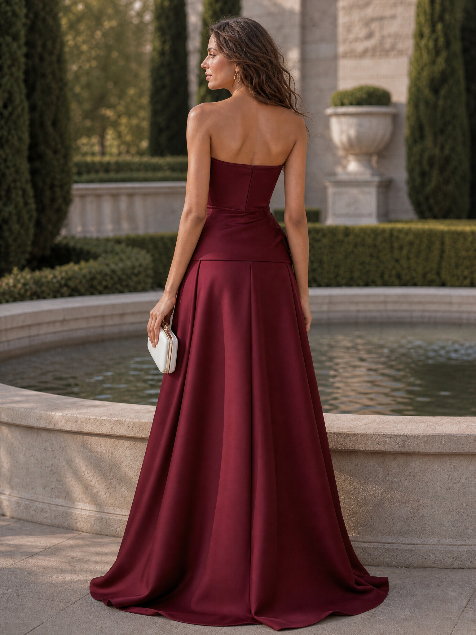 Burgundy Bow Satin Strapless Sleeveless A-Line Gown Dress