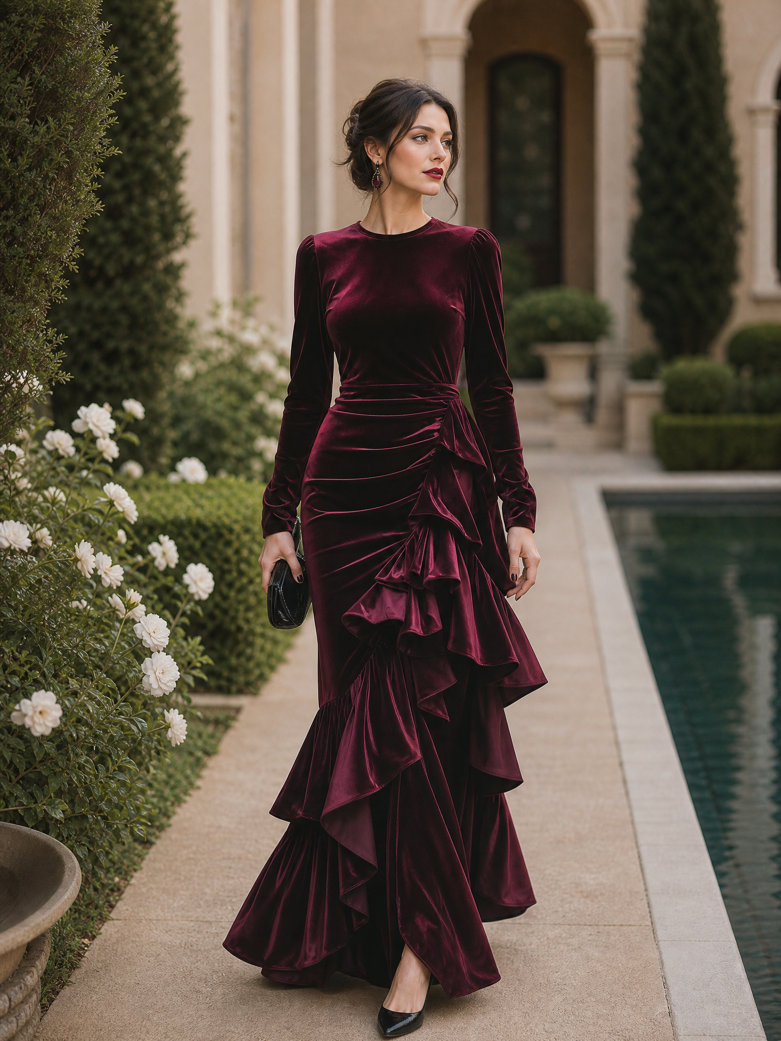Burgundy Long Sleeve Ruffled Tier Evening Gown