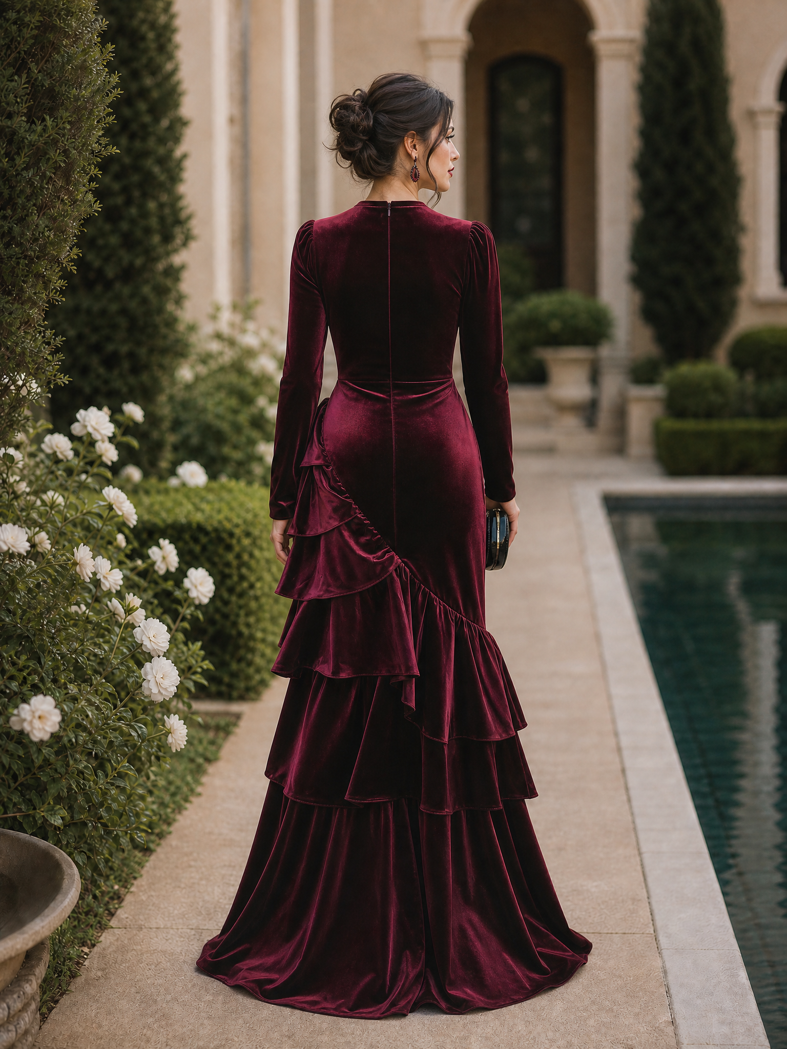 Burgundy Long Sleeve Ruffled Tier Evening Gown