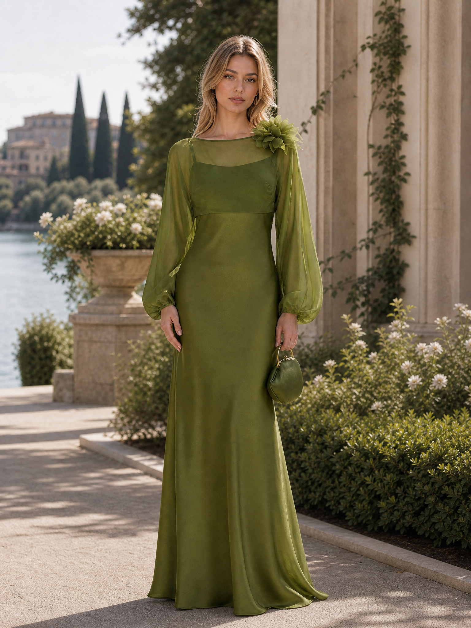 Green Chiffon Paired Satin Camisole Flowers Maxi Dress