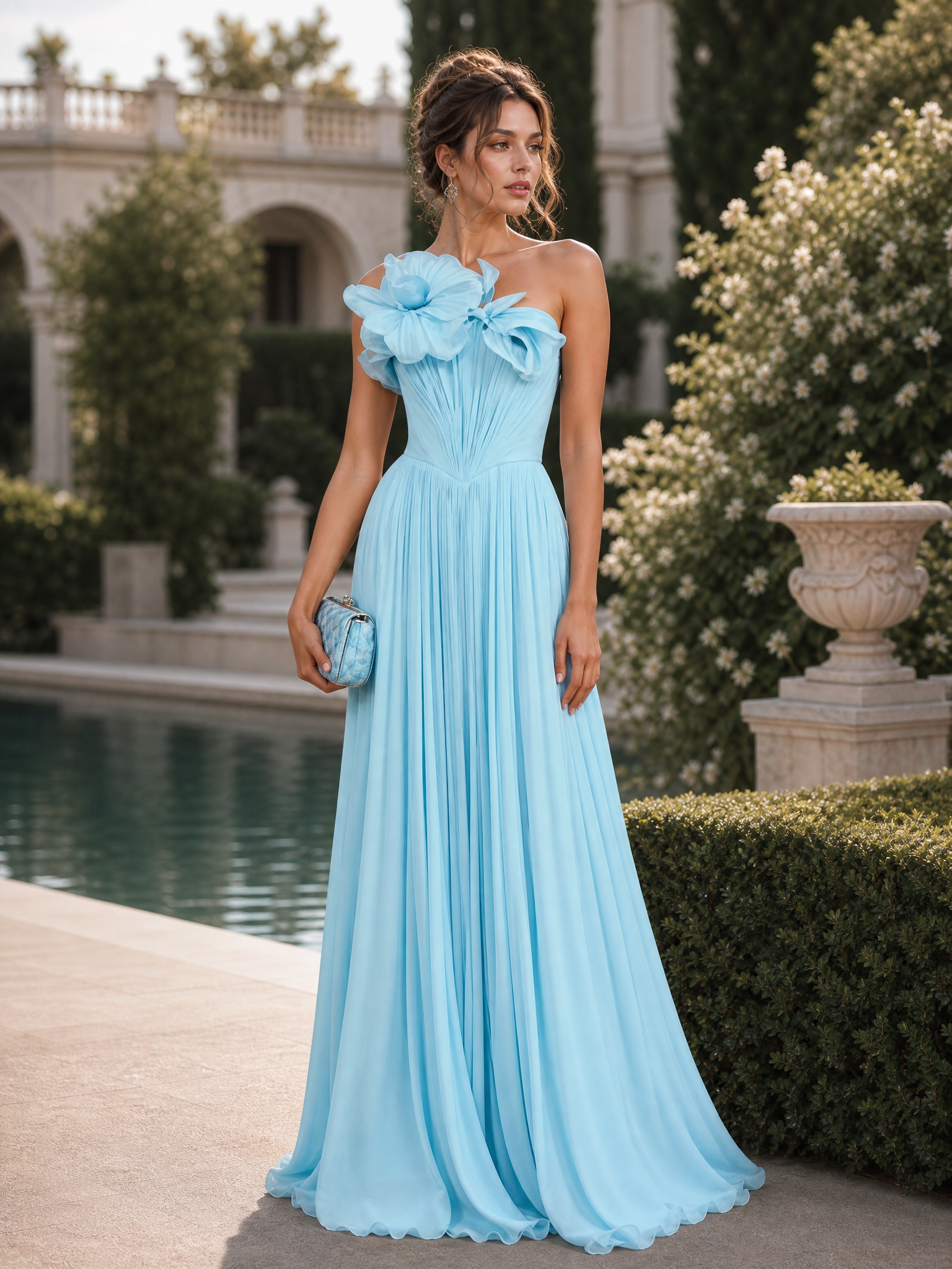 Light Blue 3D Floral Ruched Chiffon Strapless Sleeveless A-Line Floor Length Dress