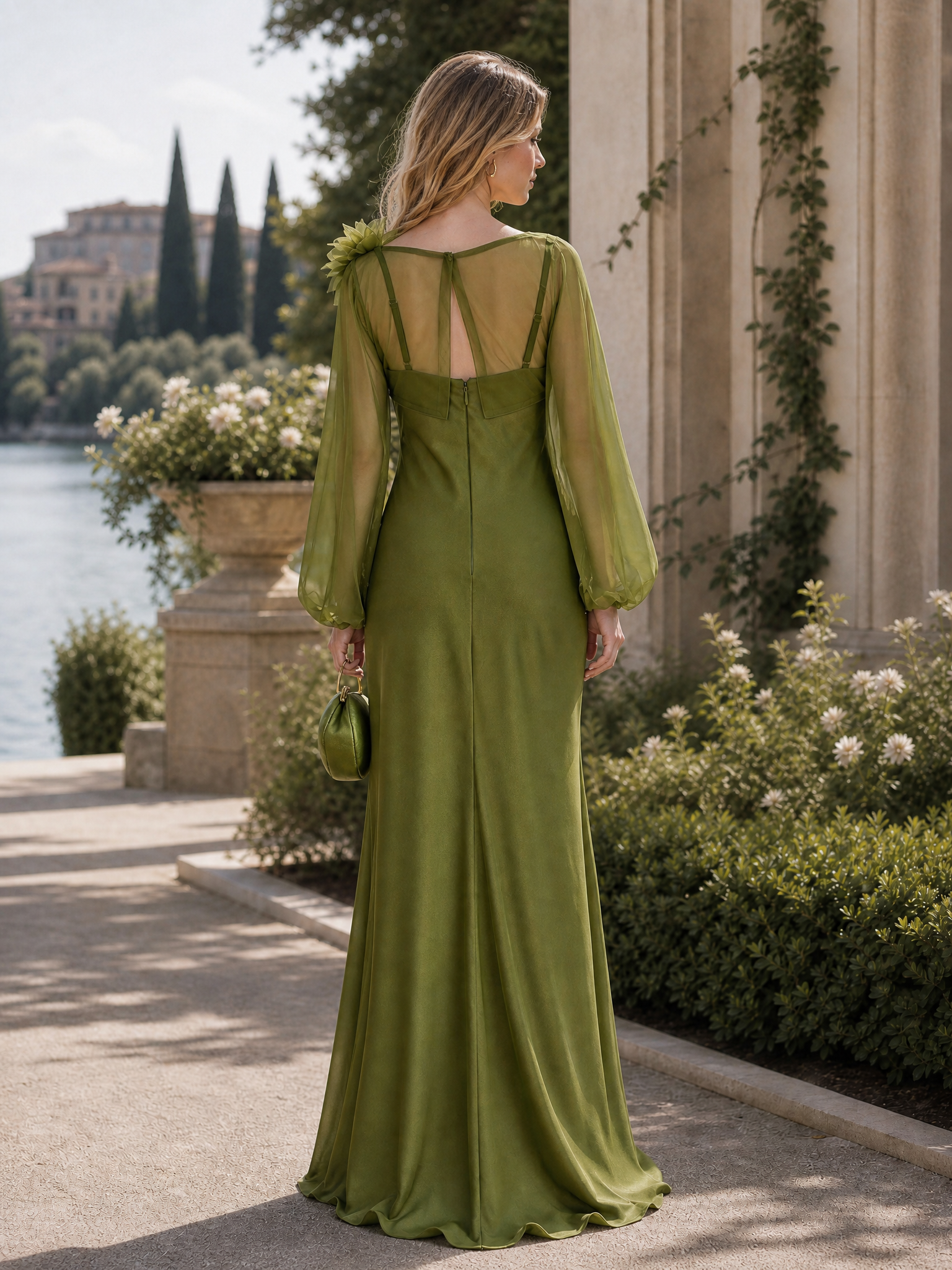 Green Chiffon Paired Satin Camisole Flowers Maxi Dress