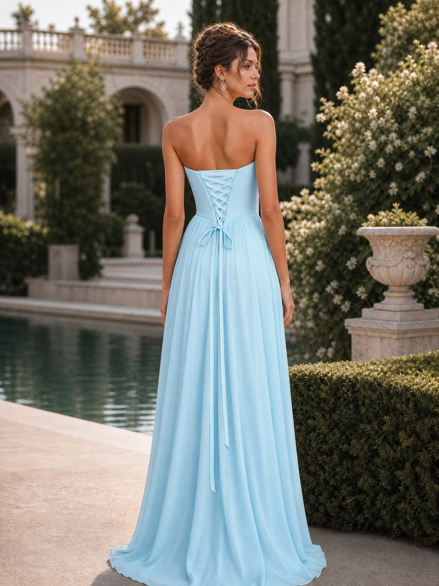 Light Blue 3D Floral Ruched Chiffon Strapless Sleeveless A-Line Floor Length Dress