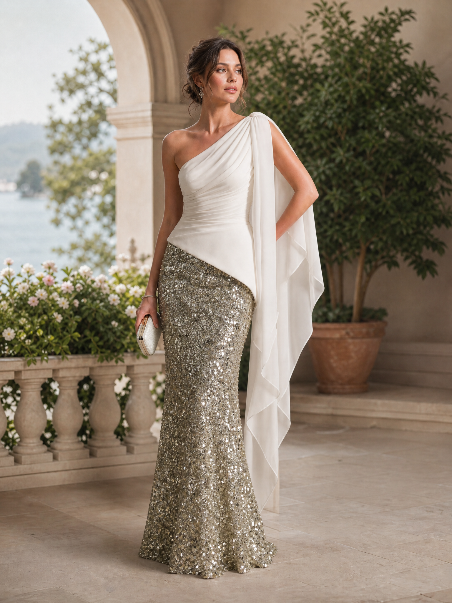 White Chiffon One Shoulder Cape Sash Silver Sequin Mermaid Two Tone Evening Gown