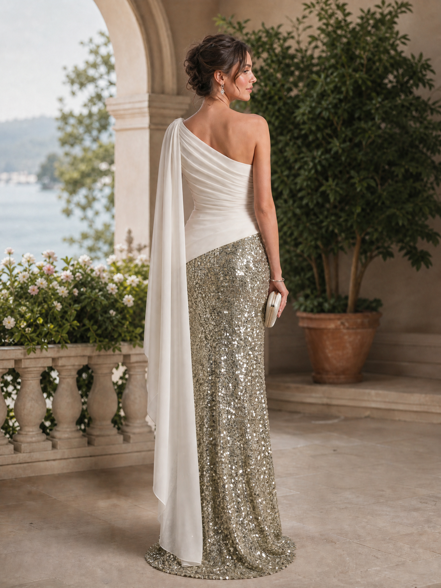 White Chiffon One Shoulder Cape Sash Silver Sequin Mermaid Two Tone Evening Gown