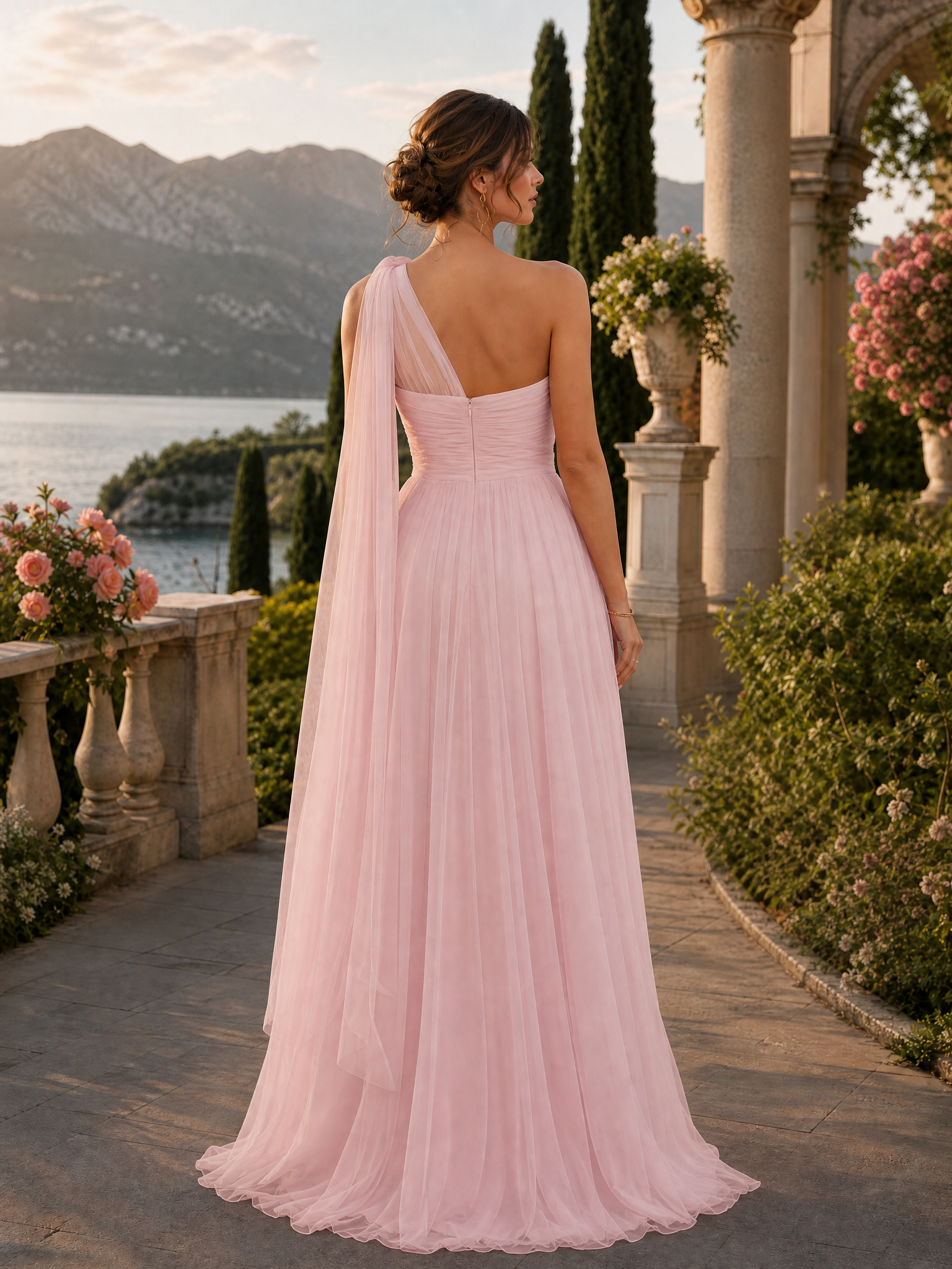 Pink Chiffon One Shoulder Tie Cape Ruched High Slit Mermaid Evening Gown