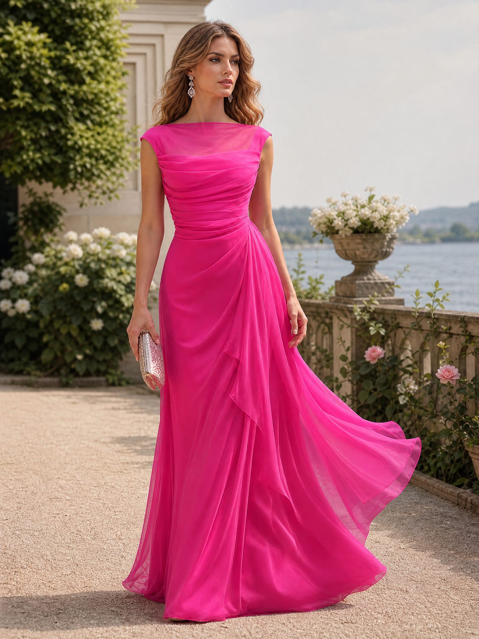 Hot Pink Chiffon Bateau Cap Sleeve Cross Ruched Ruffle Mermaid Evening Gown
