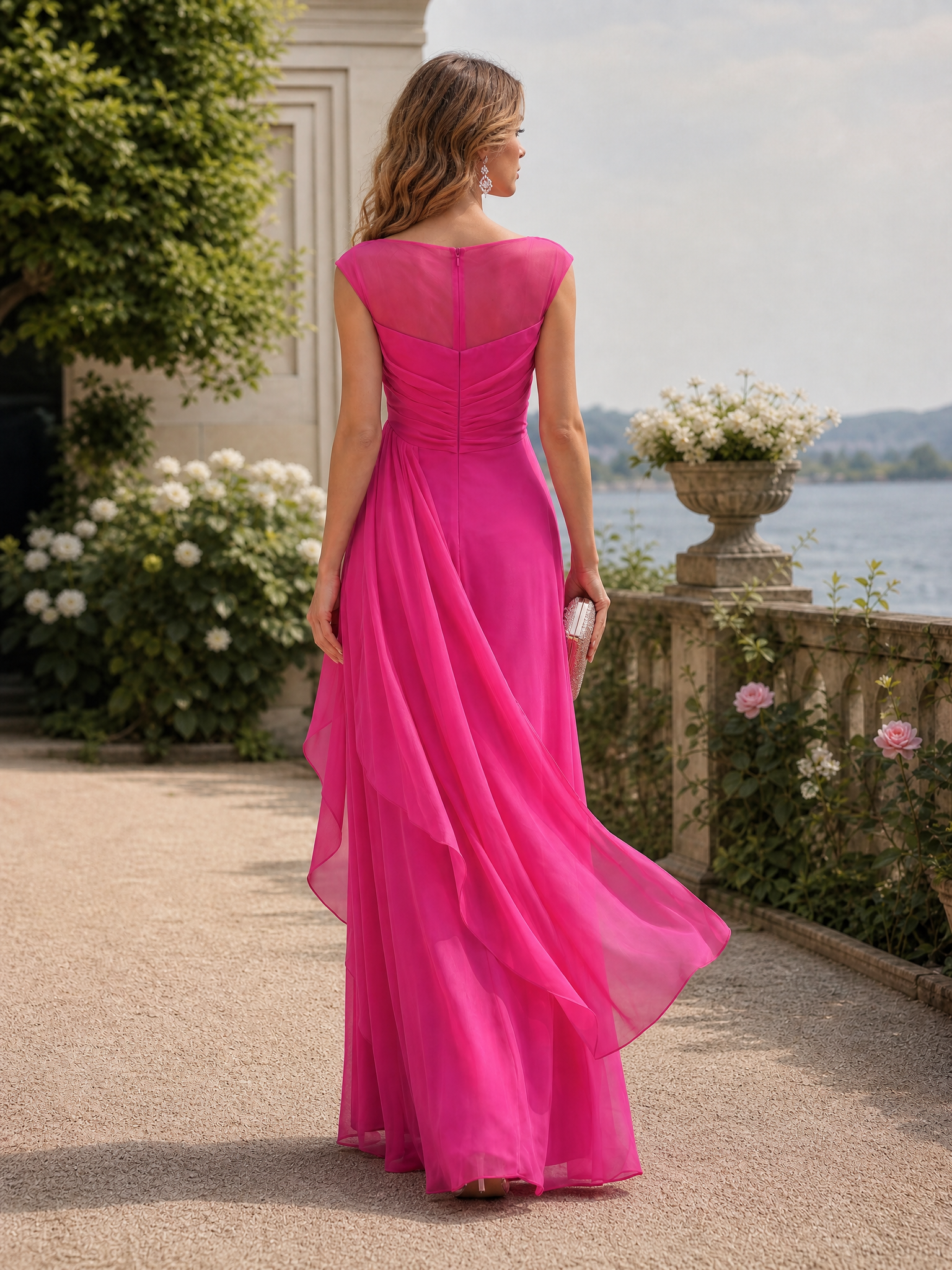 Hot Pink Chiffon Bateau Cap Sleeve Cross Ruched Ruffle Mermaid Evening Gown
