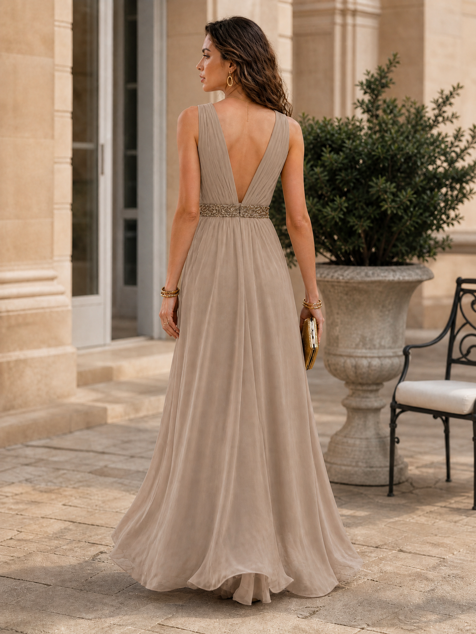 Champagne Beaded Deep V High Slit Chiffon Formal Evening Dress