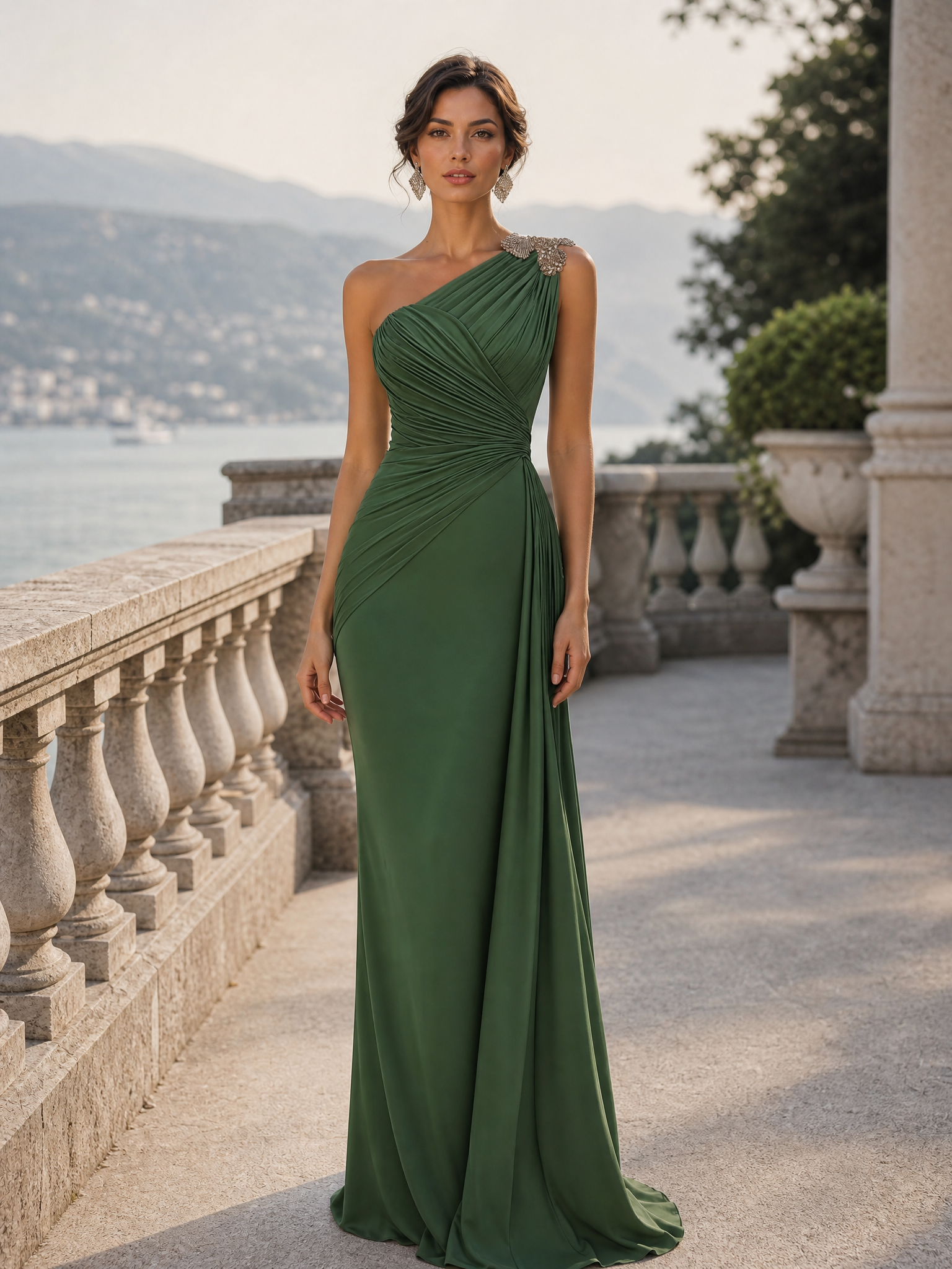 Formal Evening Dress Green One-Shoulder Ruched Floor-Length Dress