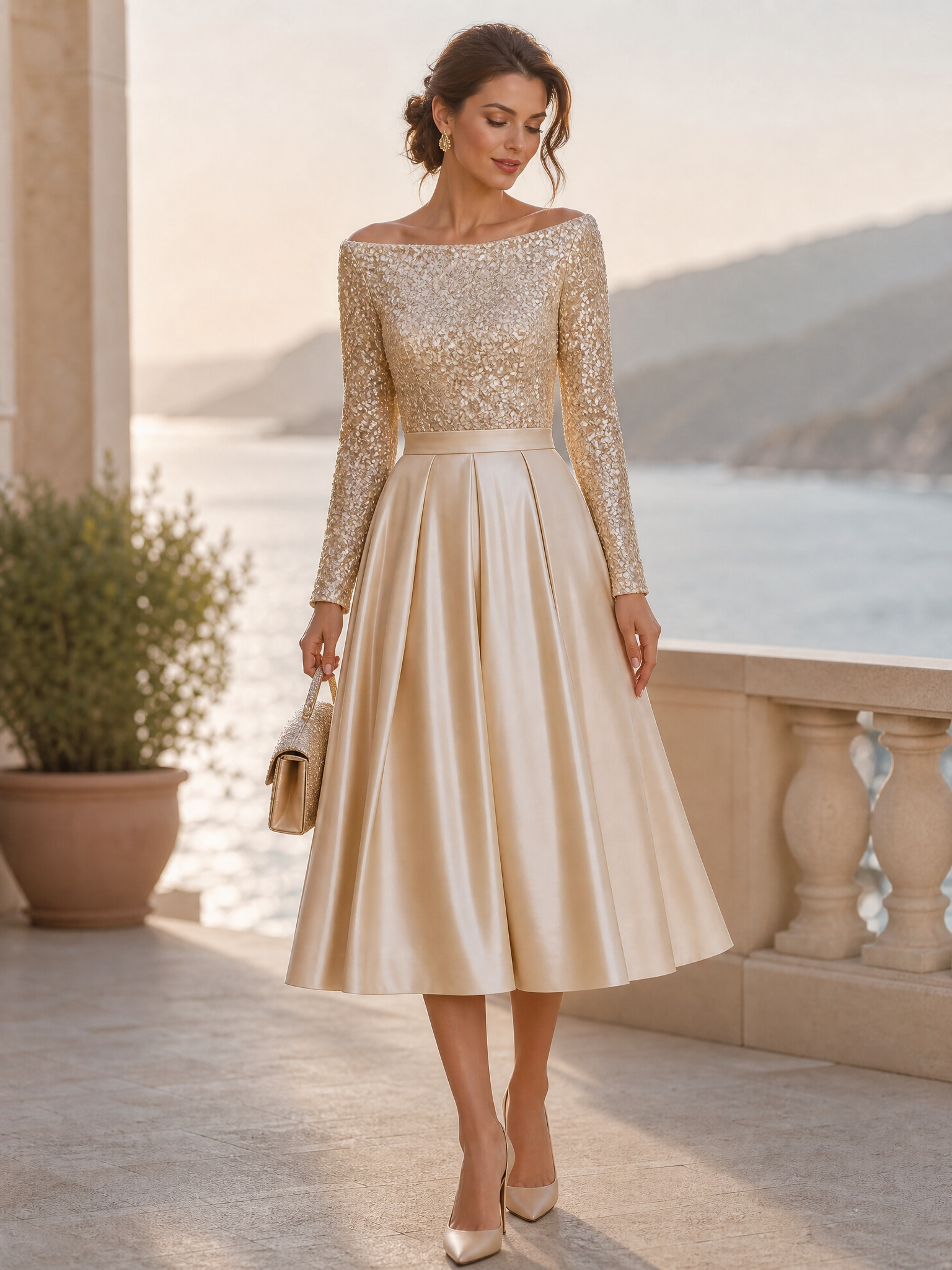 Off Shoulder Sequin Long Sleeve Satin Pleated Midi A-Line Cocktail Dress