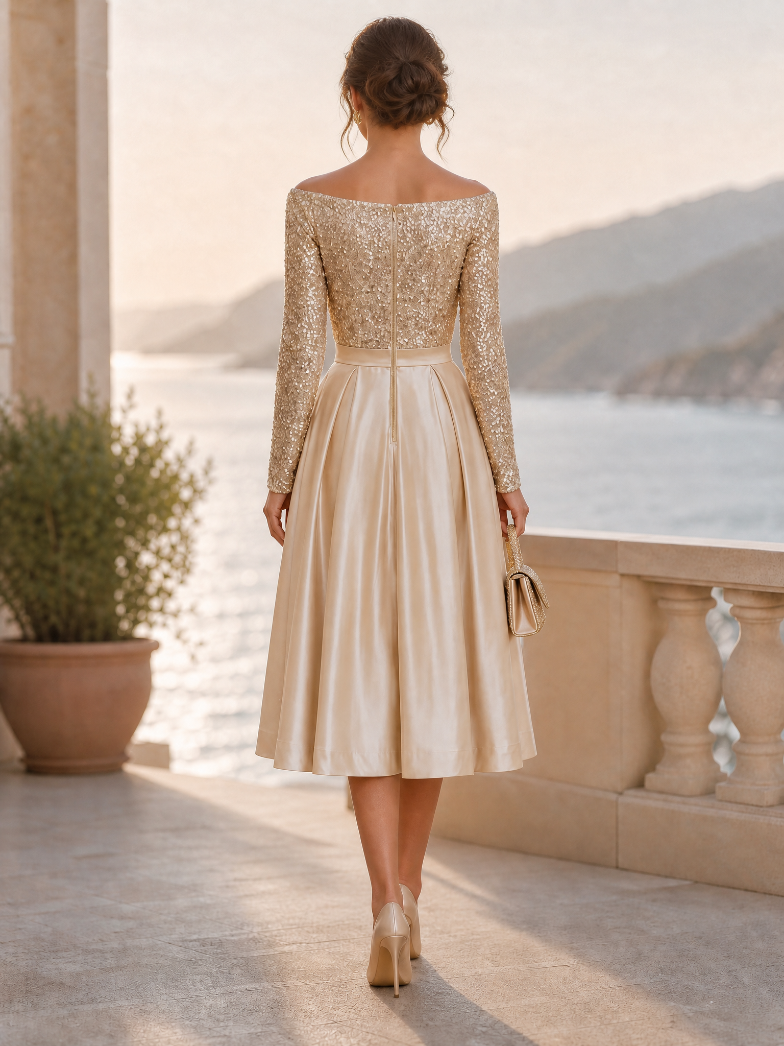 Off Shoulder Sequin Long Sleeve Satin Pleated Midi A-Line Cocktail Dress
