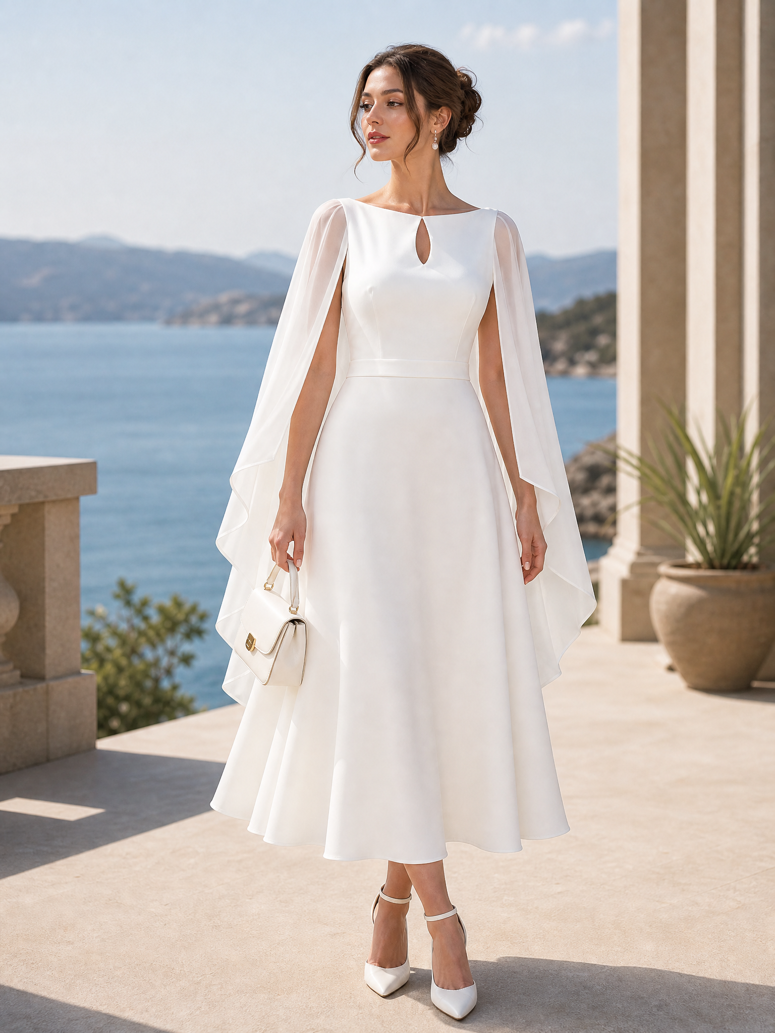 Keyhole-Neck Cape-Sleeve A-Line Midi Dress