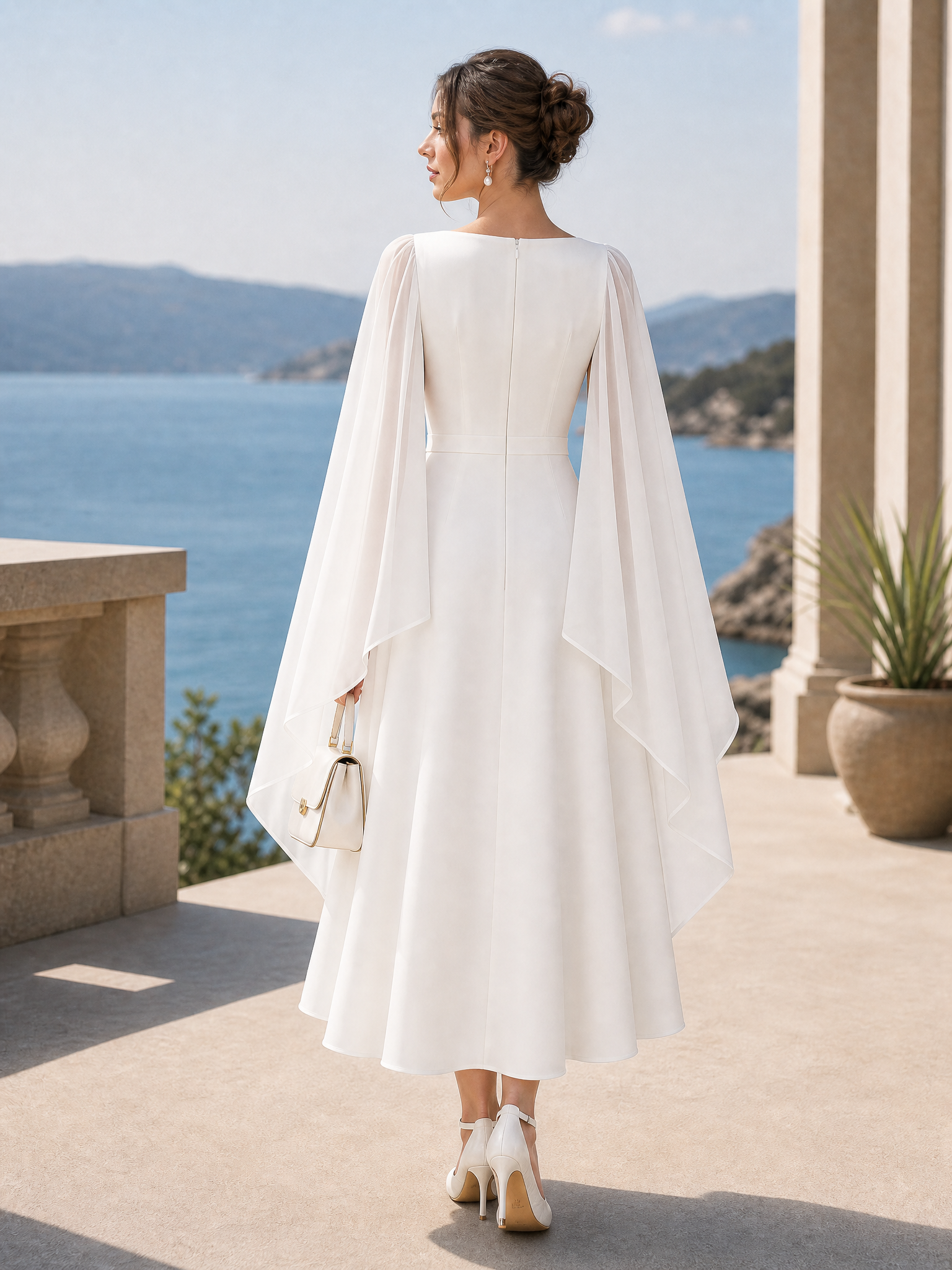 Keyhole-Neck Cape-Sleeve A-Line Midi Dress