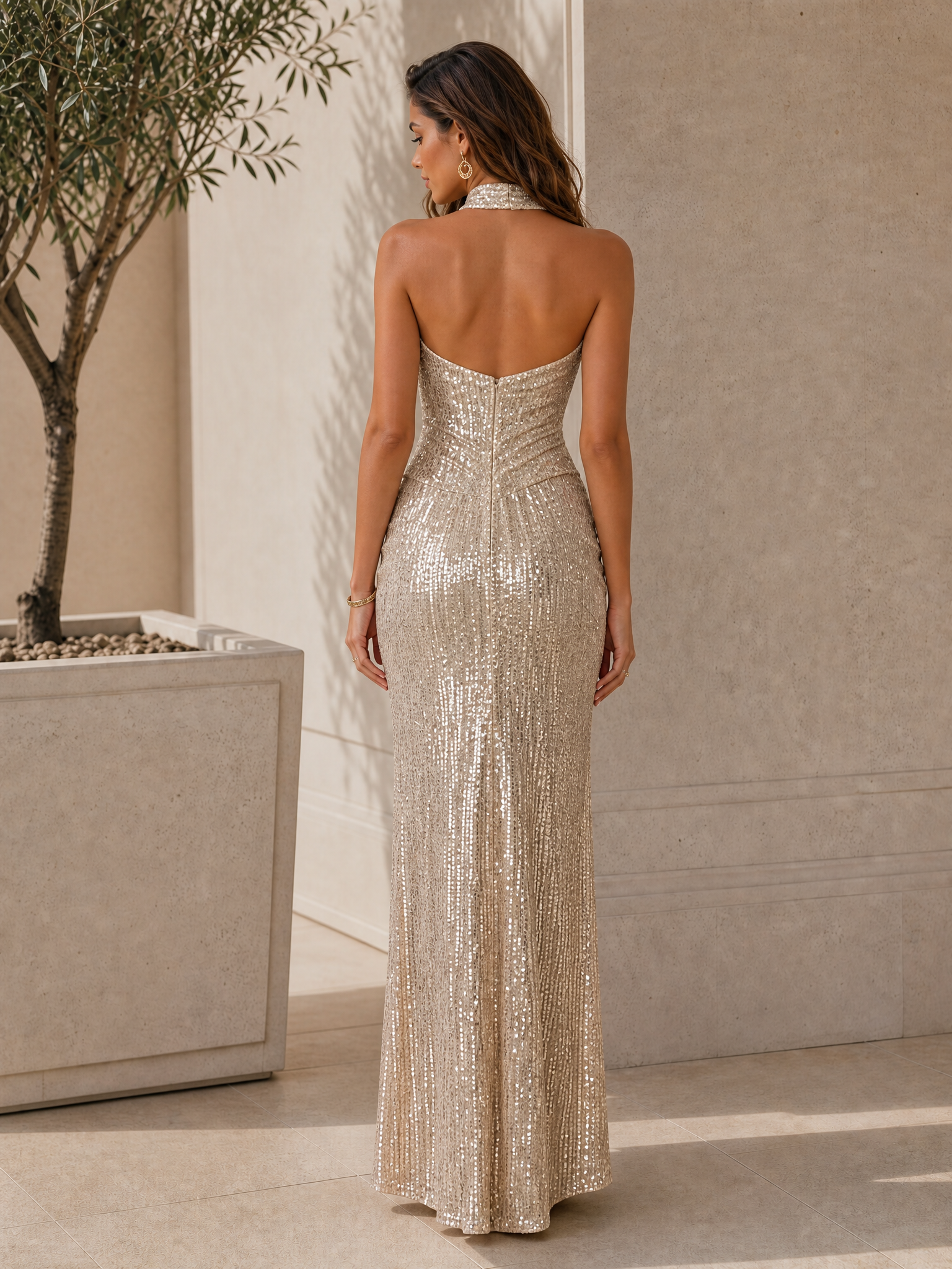 Champagne Ruched Sequin Halter Neck Sleeveless A-Line Floor Length Dress