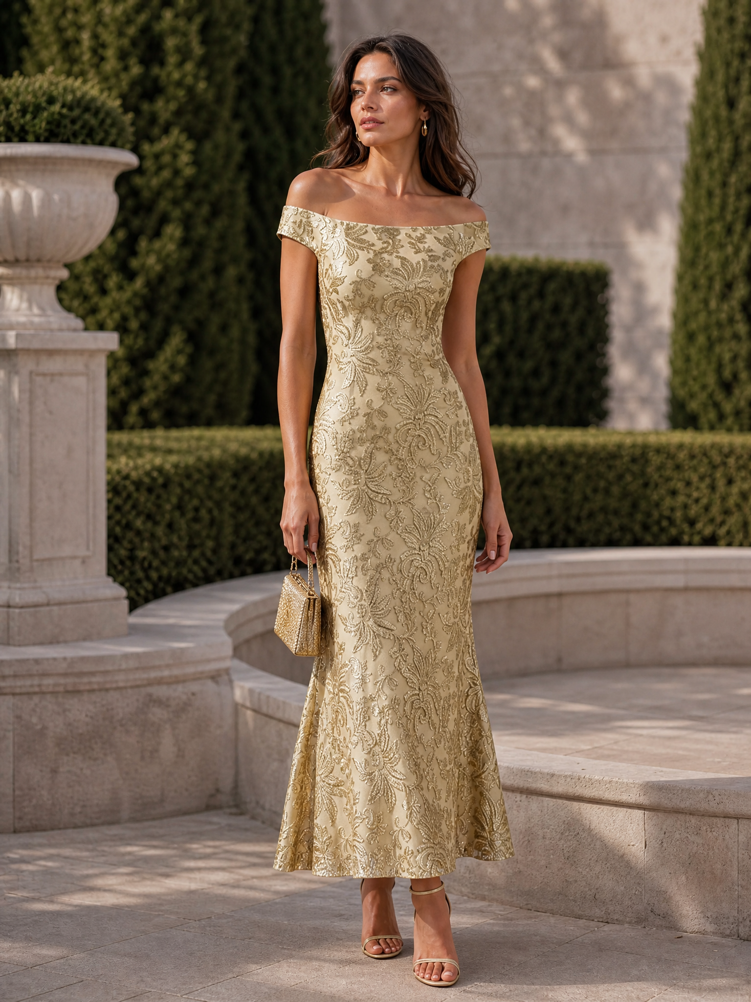 Champagne Jacquard Bone Lace Off The Shoulder Short Sleeve Mermaid Maxi Dress