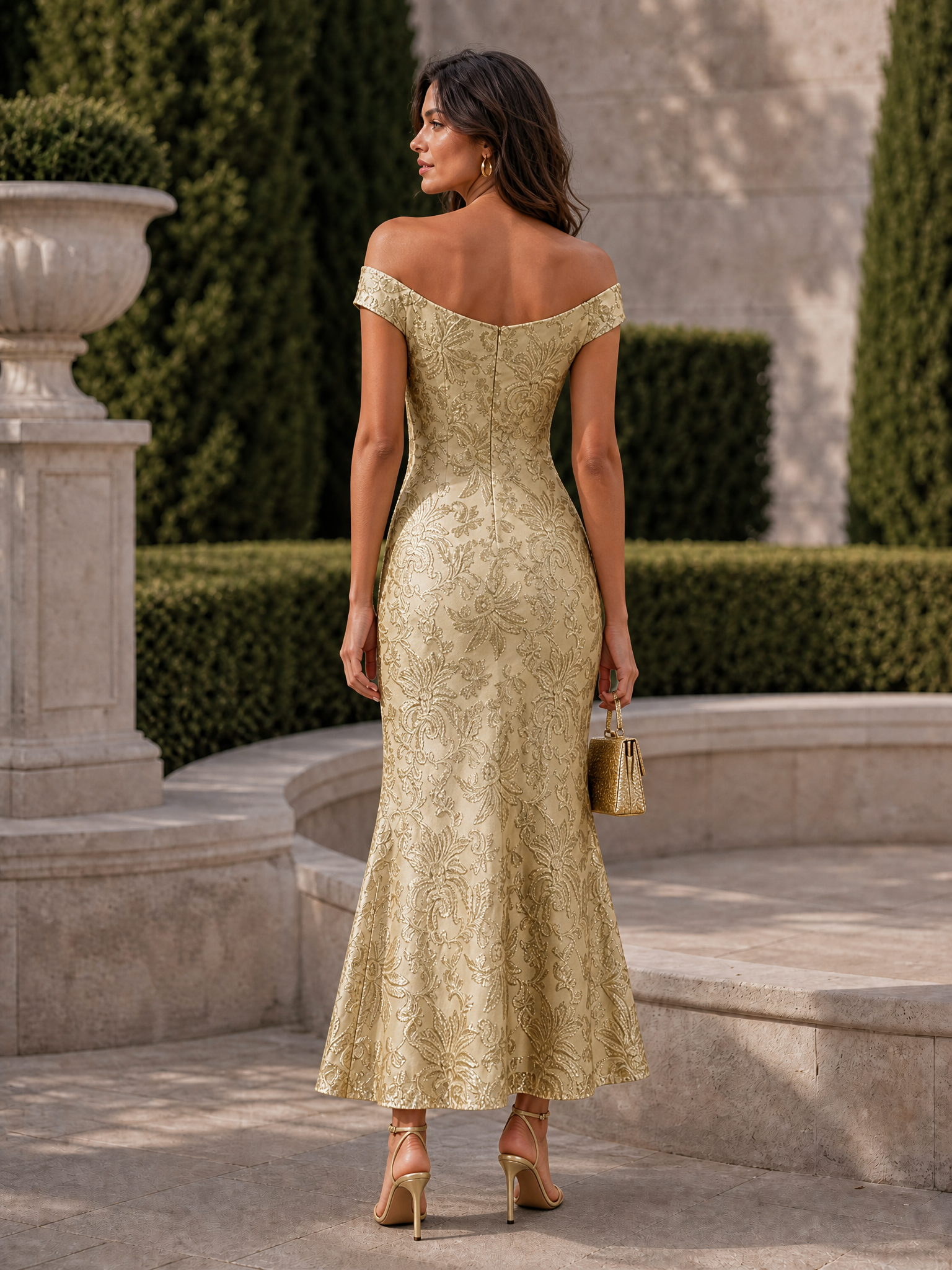 Champagne Jacquard Bone Lace Off The Shoulder Short Sleeve Mermaid Maxi Dress