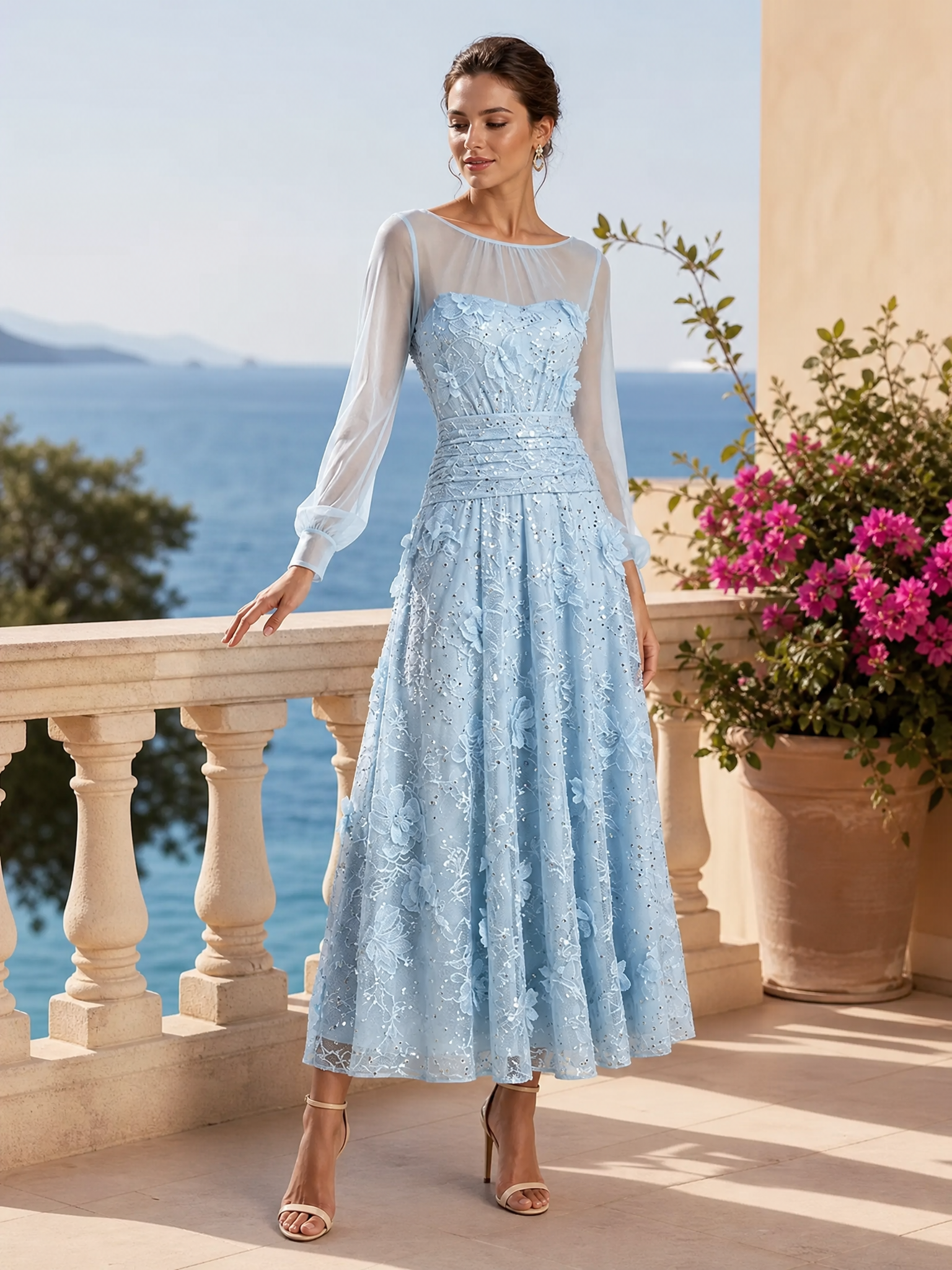 Light Blue 3D Floral Lace Boat Neck Long Sleeve Balloon Sleeve A-Line Maxi Dress