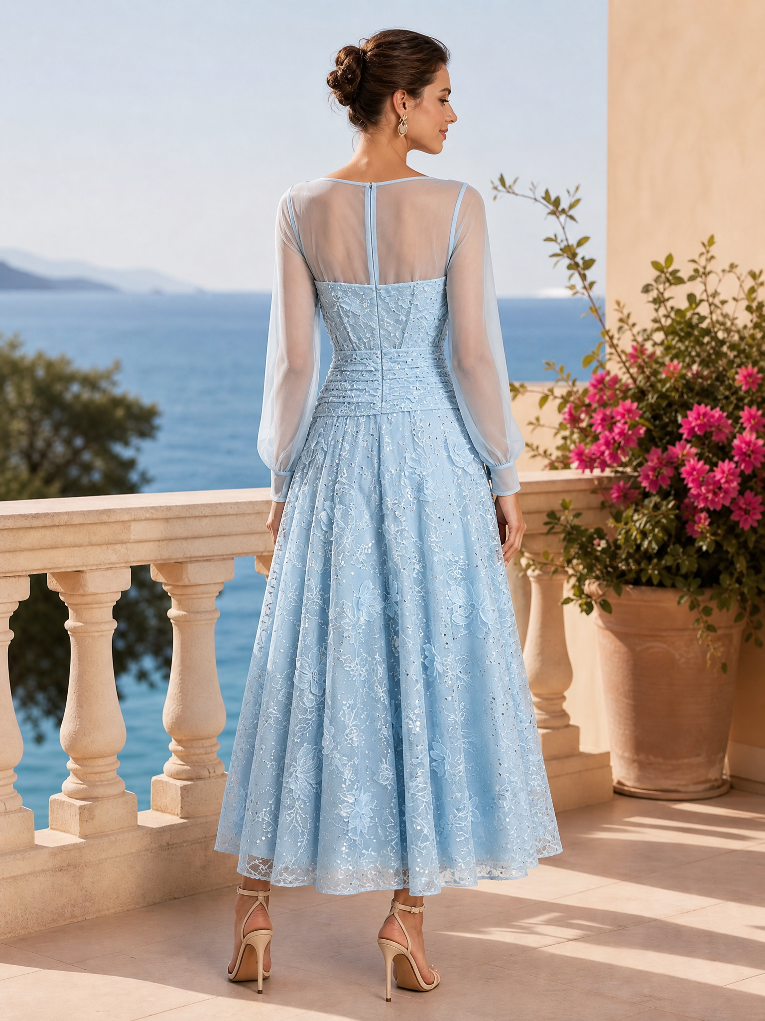 Light Blue 3D Floral Lace Boat Neck Long Sleeve Balloon Sleeve A-Line Maxi Dress