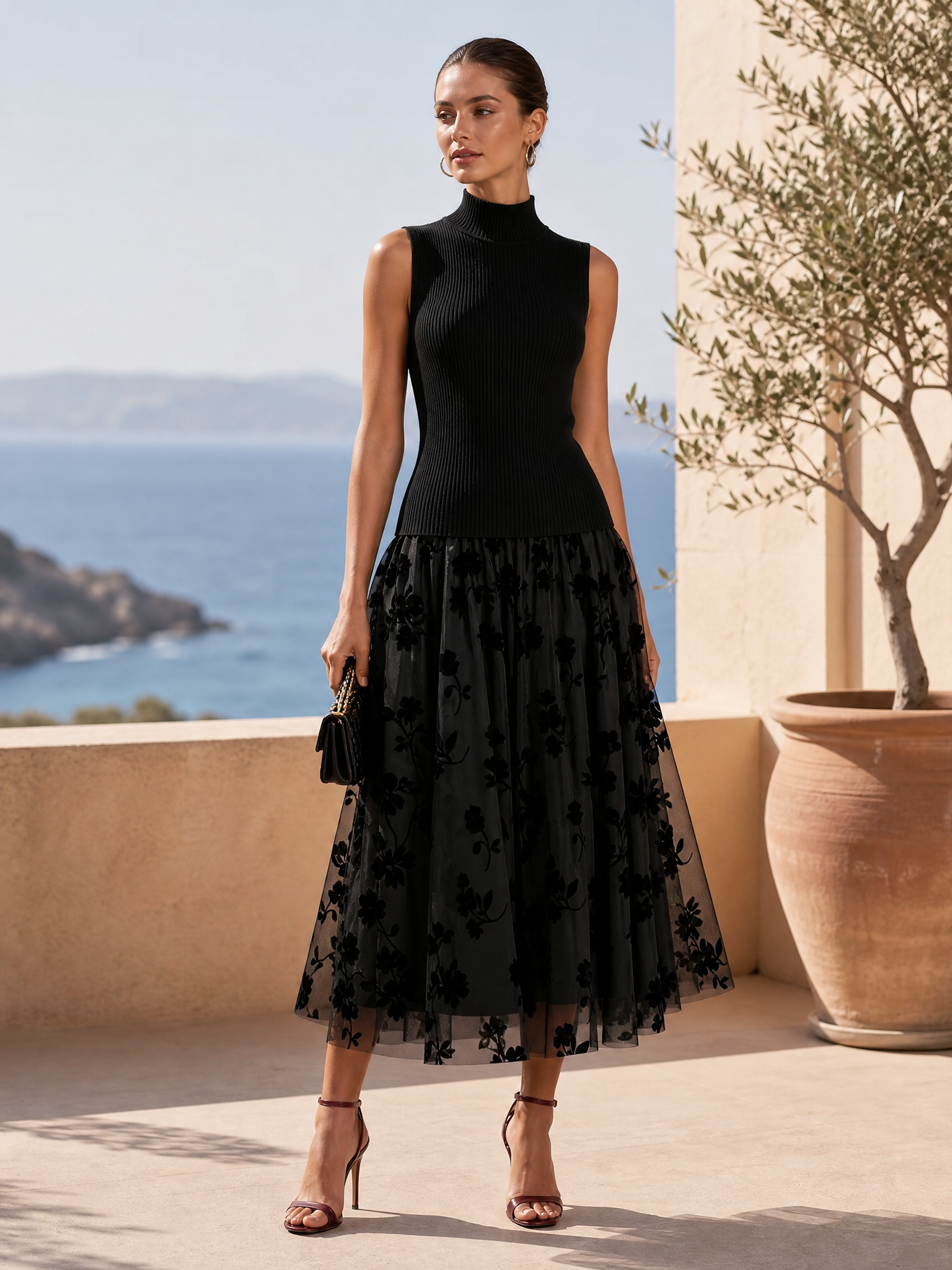 Black Flocked Knit High Neck Sleeveless A-Line Maxi Dress