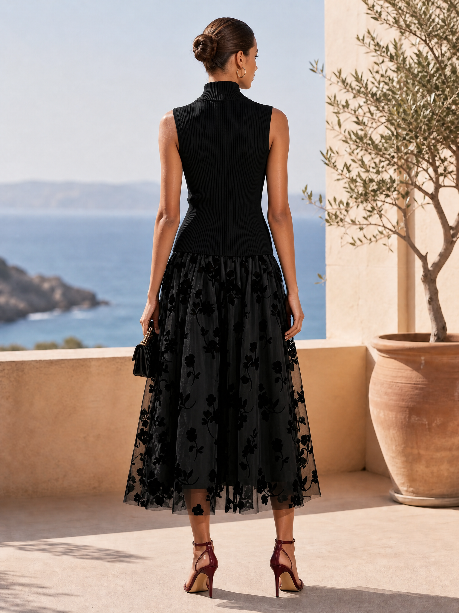 Black Flocked Knit High Neck Sleeveless A-Line Maxi Dress