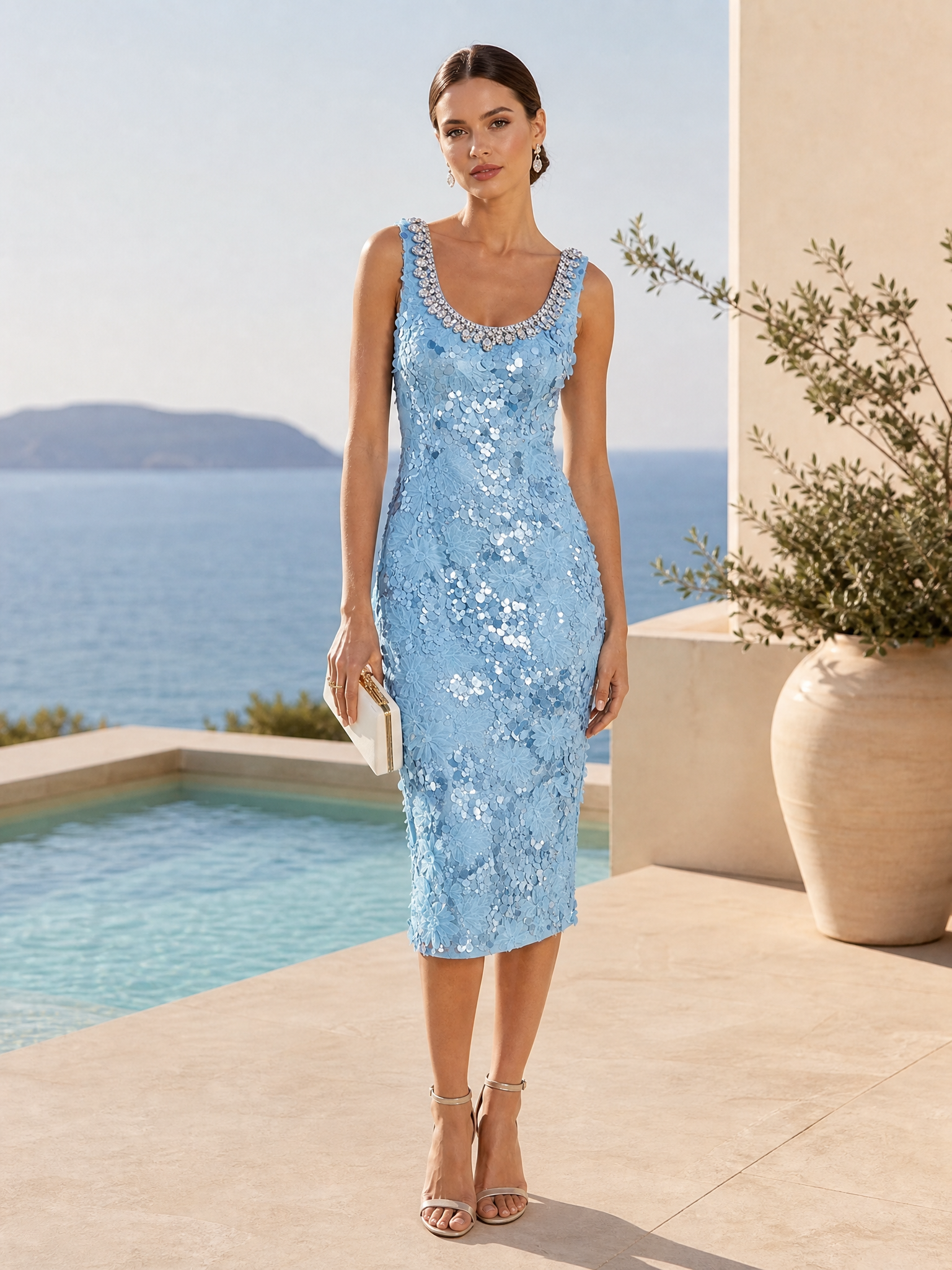 Light Blue Rhinestone 3D Floral Sequin U-Neck Sleeveless Sheath Midi Dress