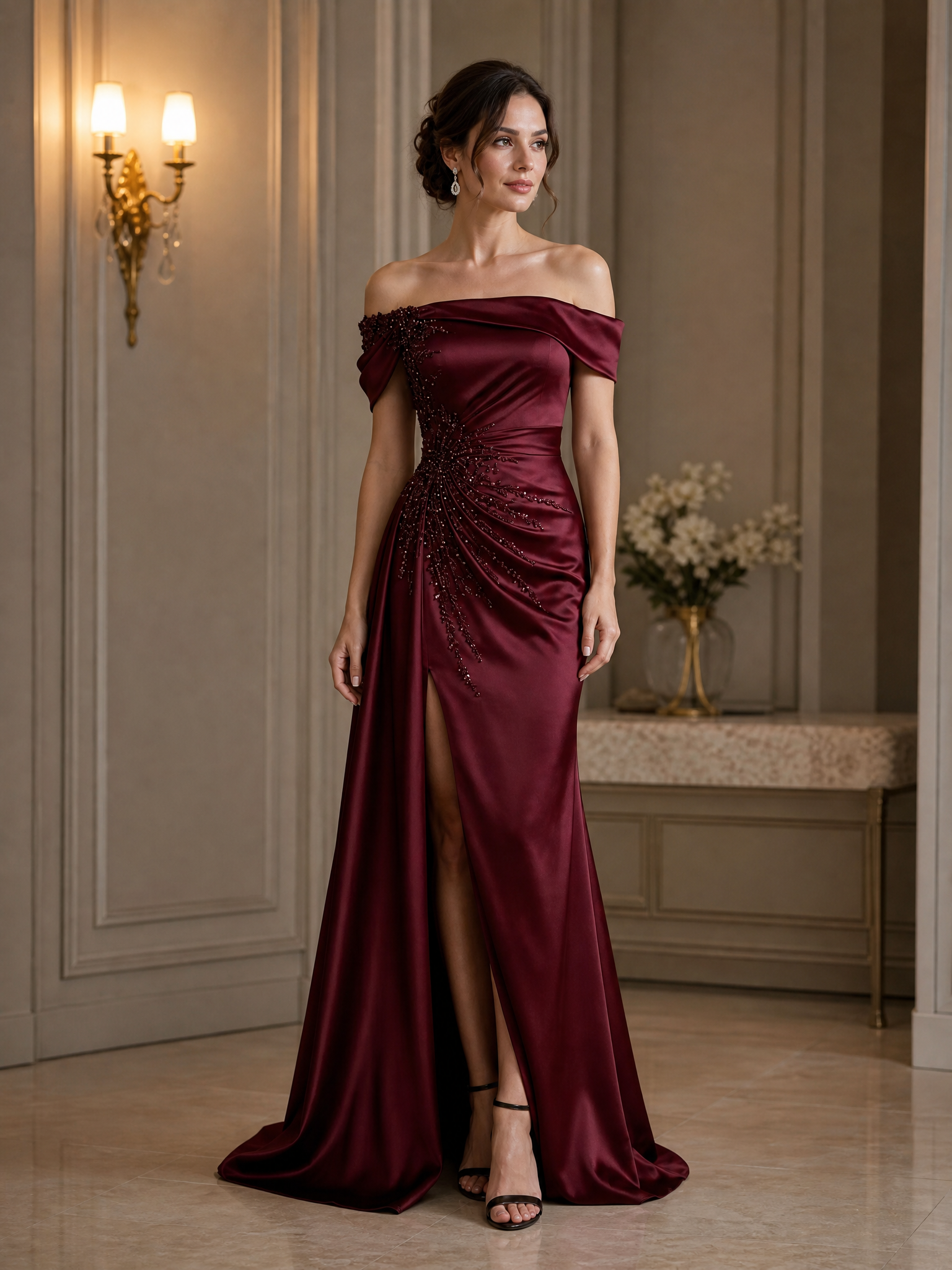 Off-The-Shoulder Draped Satin Beaded Lace High Slit Mermaid Maxi Dress