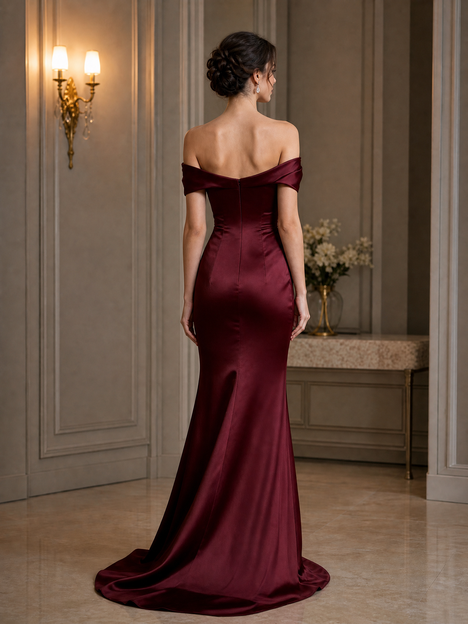 Off-The-Shoulder Draped Satin Beaded Lace High Slit Mermaid Maxi Dress