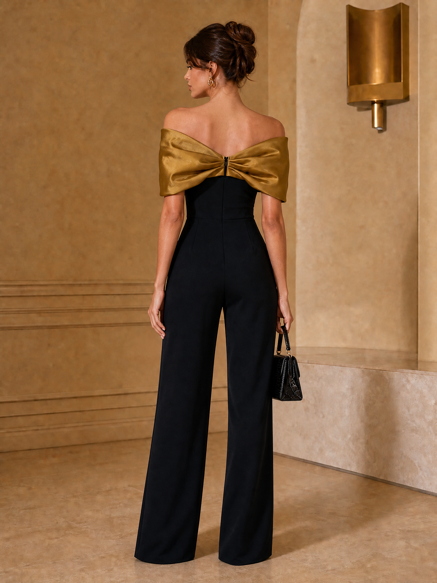 Women Black Split Joint Off The Shoulder Short Sleeve Elegant Jumpsuit